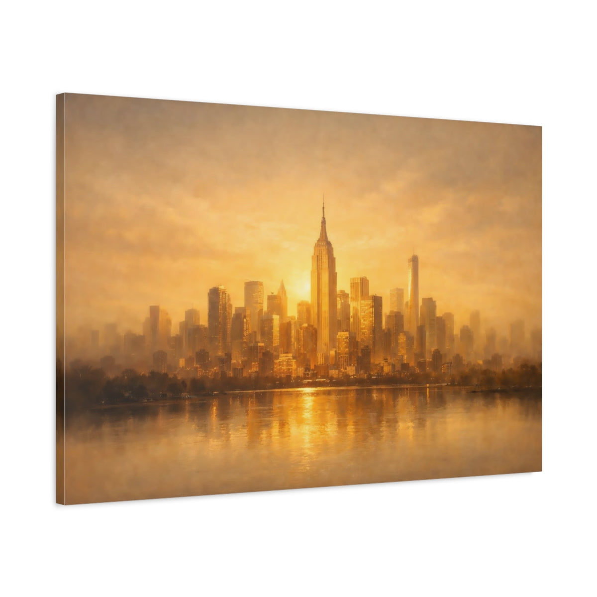 Side Mockup 1. Golden Glow Textured City Skyline shown as stretched canvas wall art