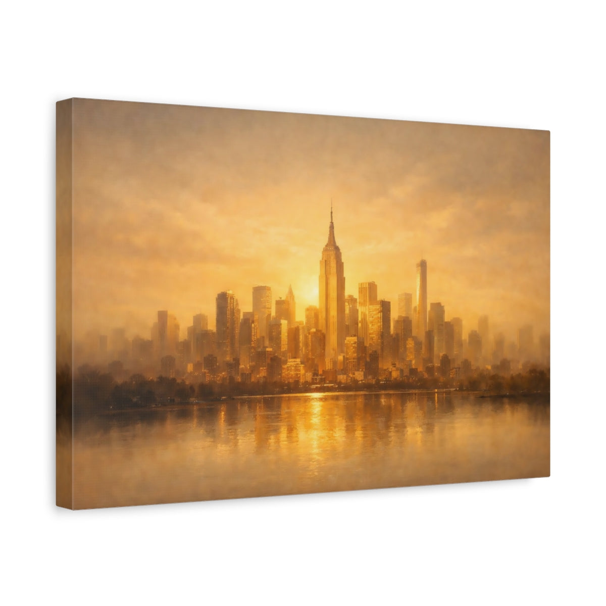 Side Mockup 4. Golden Glow Textured City Skyline shown as stretched canvas wall art