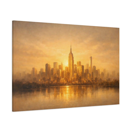 Main Mockup. Golden Glow Textured City Skyline shown as stretched canvas wall art