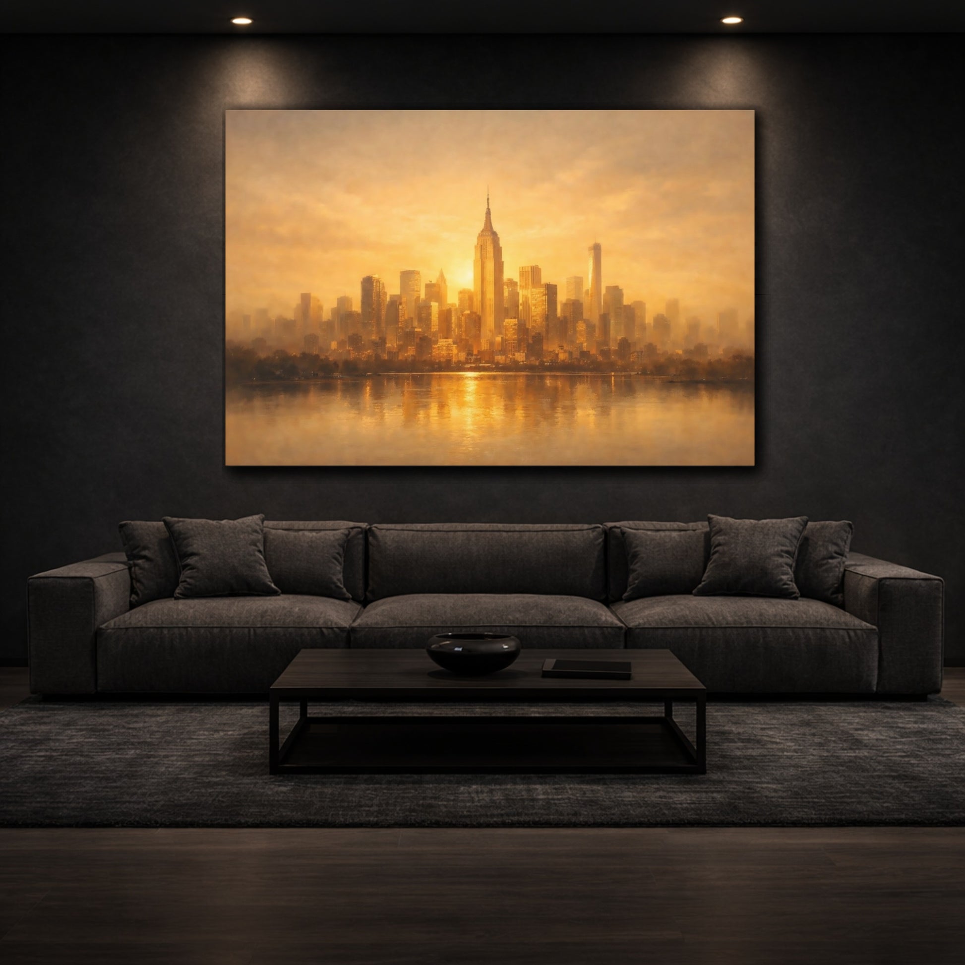 Mockup 2. Golden Glow Textured City Skyline shown as stretched canvas wall art