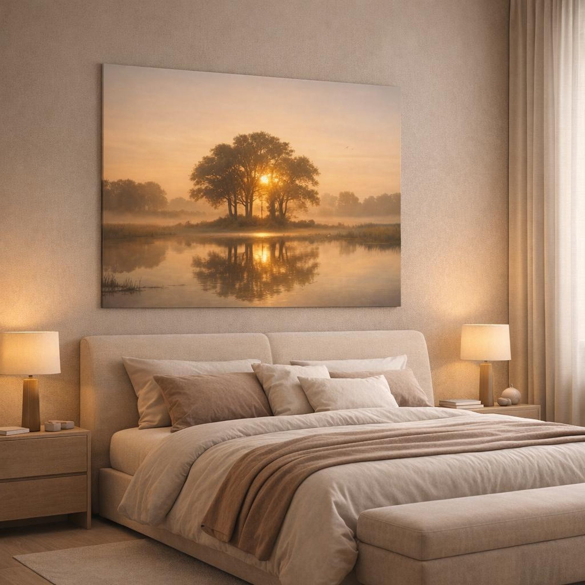 Golden Glow Trees Tranquil shown as canvas wall art in a luxury bedroom