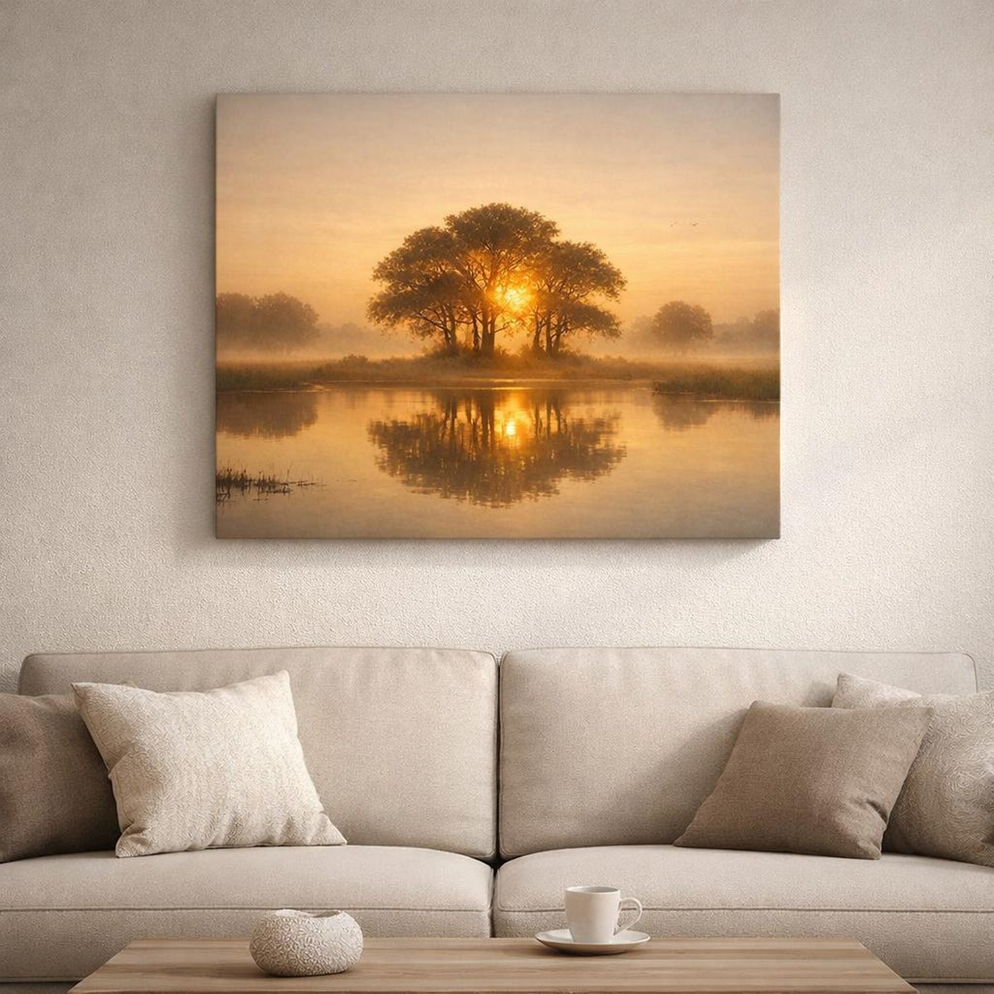 Golden Glow Trees Tranquil shown as canvas wall art in a refined dining room