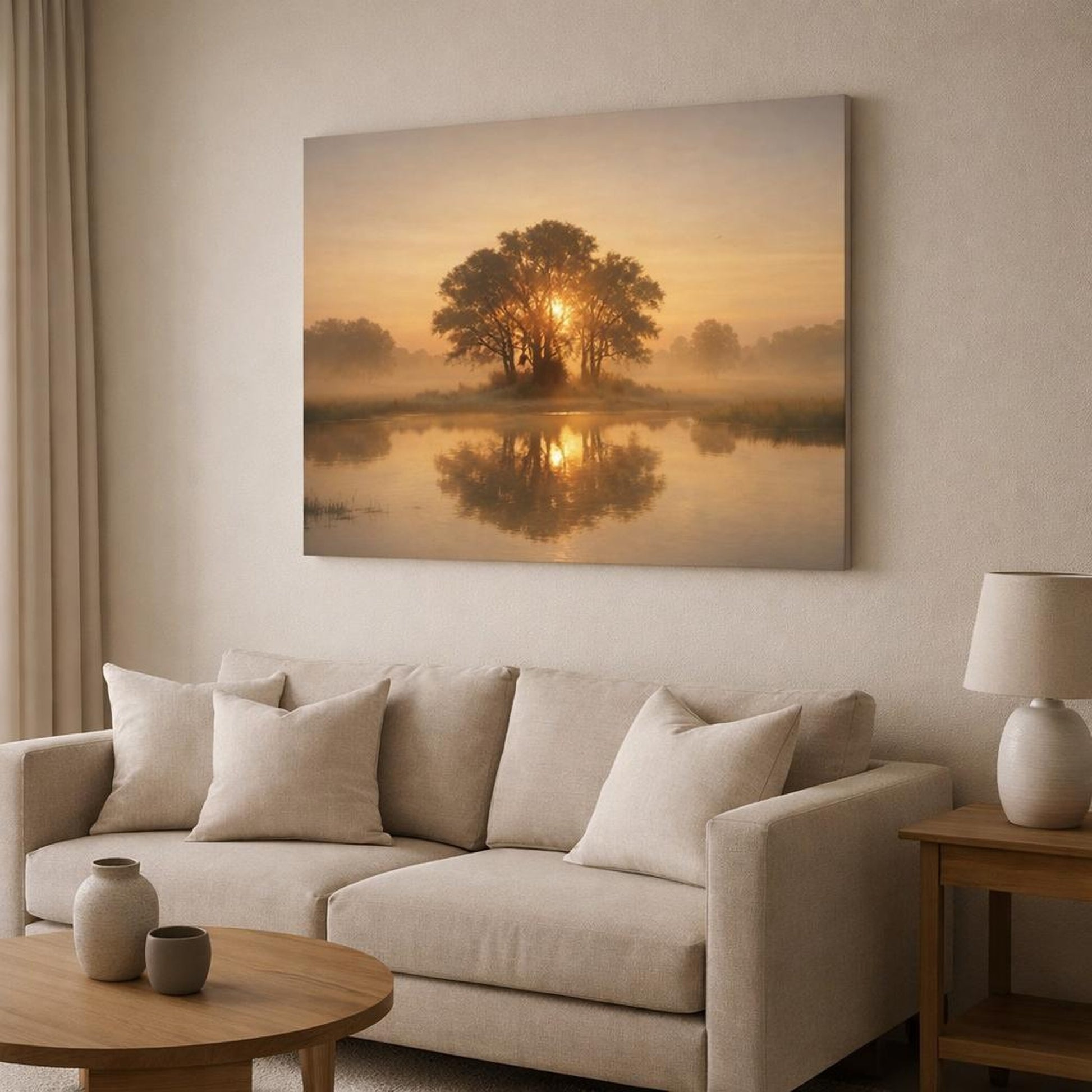 Golden Glow Trees Tranquil shown as canvas wall art in a modern living room