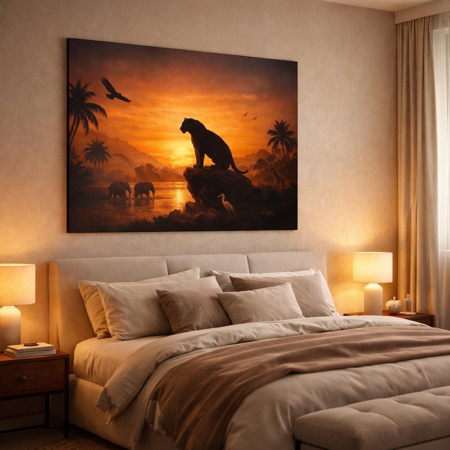 Golden Glow Tropical Wildlife shown as canvas wall art in a luxury bedroom