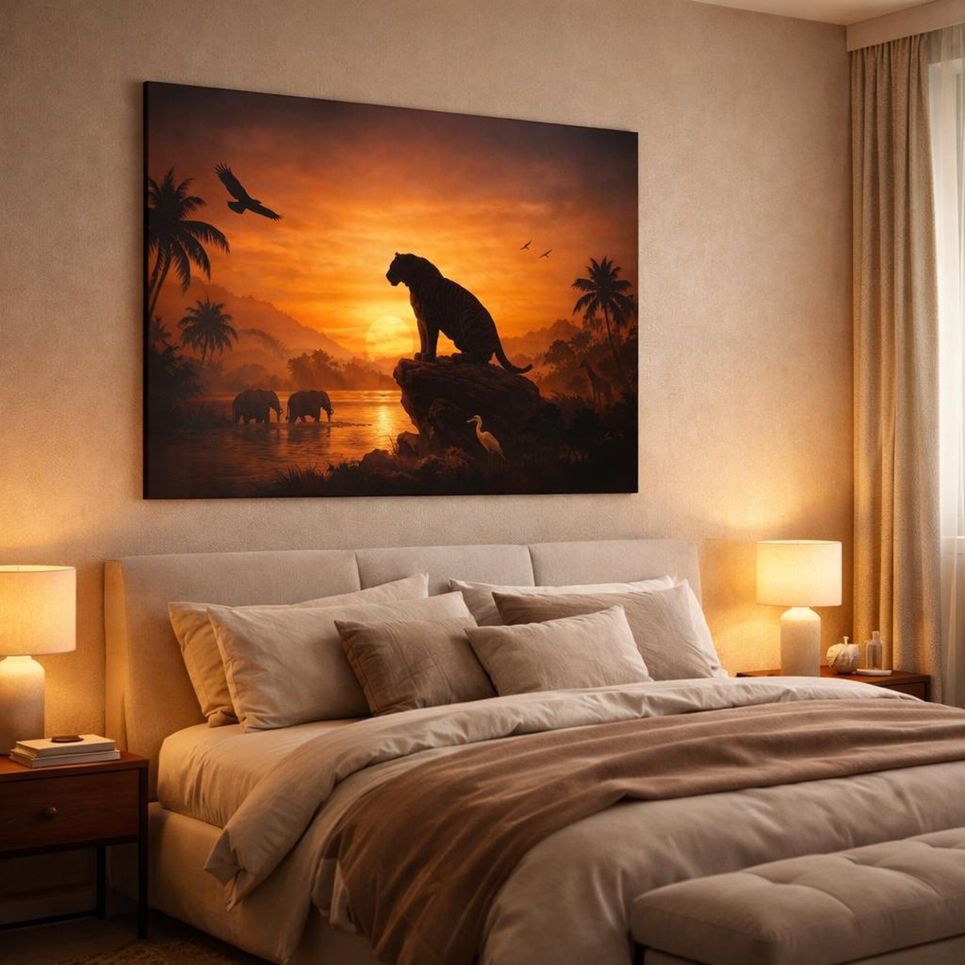 Golden Glow Tropical Wildlife shown as canvas wall art in a luxury bedroom