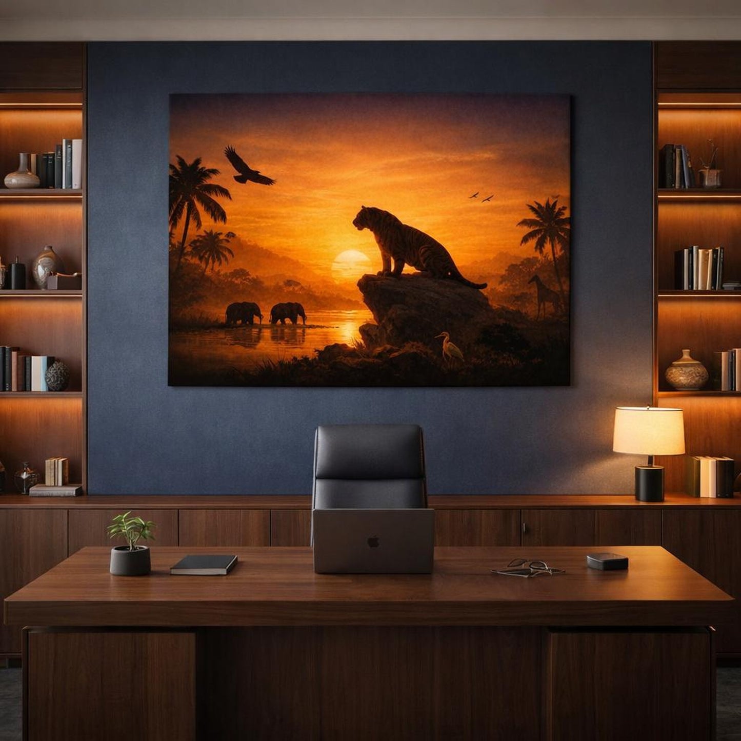 Golden Glow Tropical Wildlife shown as canvas wall art in a refined dining room