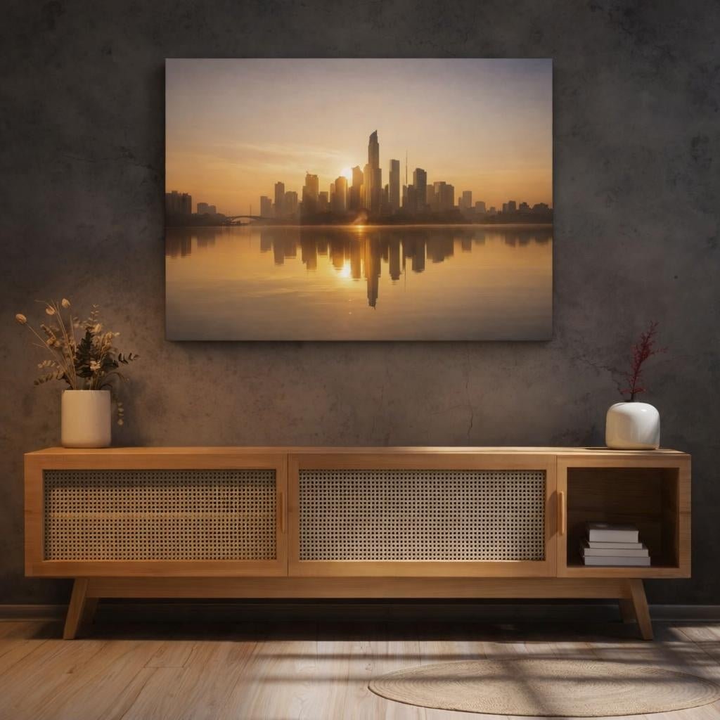Golden Glow Urban Reflection Cityscape Nature - Canvas Wall Art Print - YesArtYes
