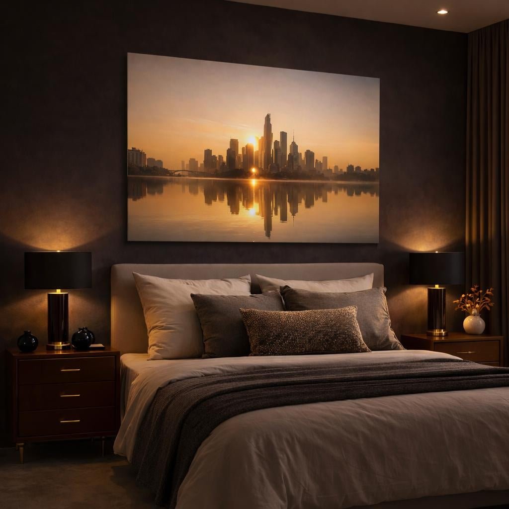 Golden Glow Urban Reflection Cityscape Nature - Canvas Wall Art Print - YesArtYes