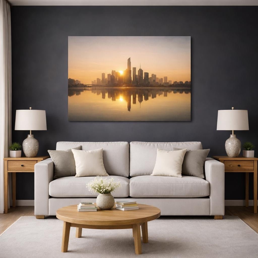 Golden Glow Urban Reflection Cityscape Nature - Canvas Wall Art Print - YesArtYes