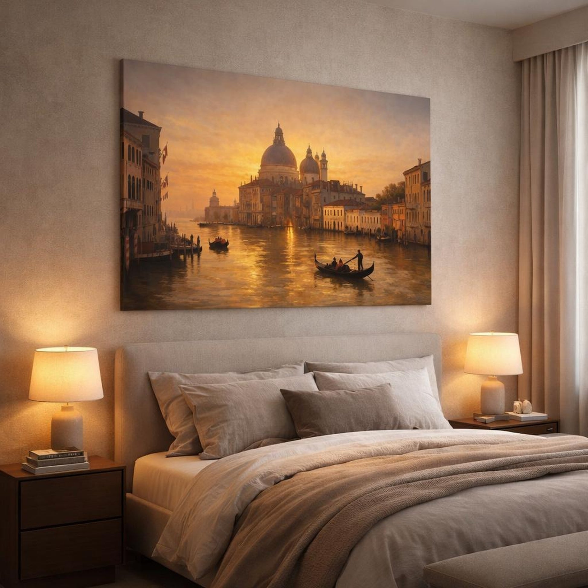 Golden Glow Venetian Canal shown as canvas wall art in a luxury bedroom
