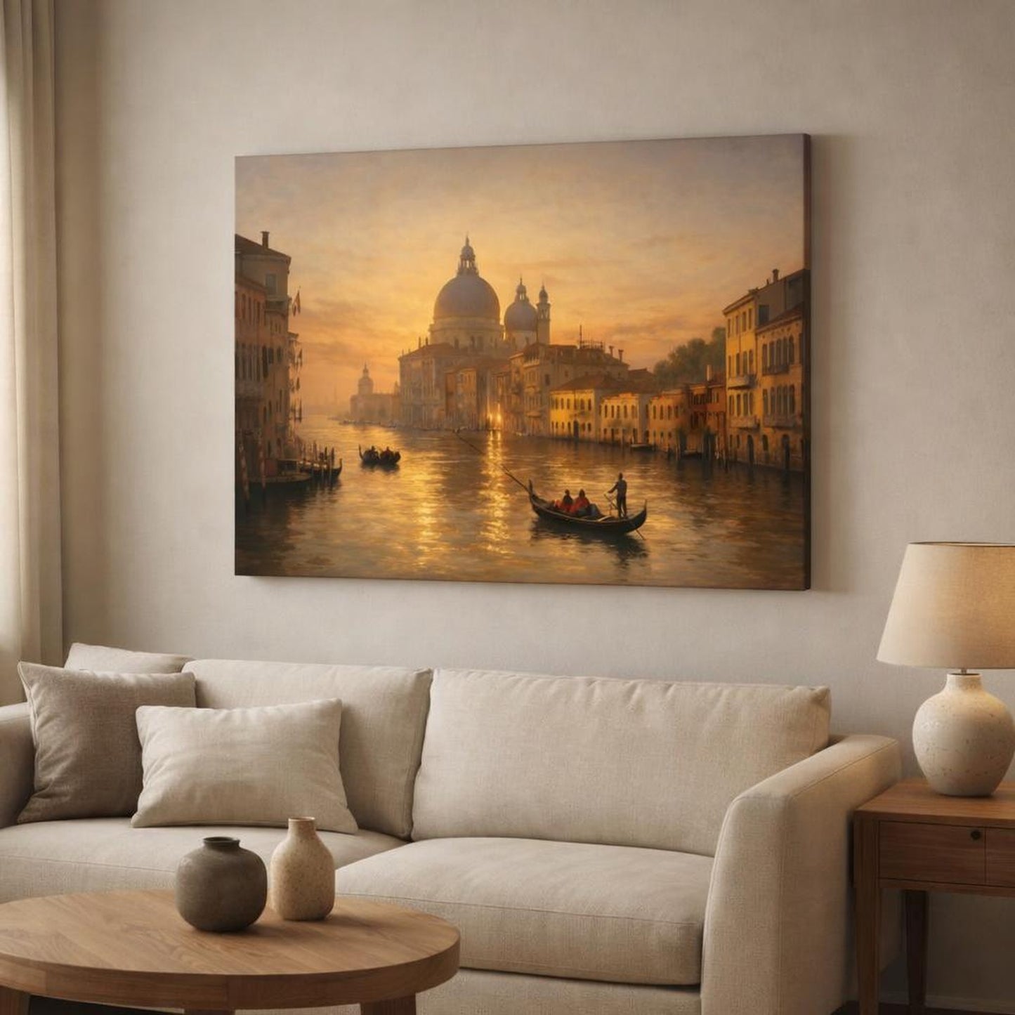 Golden Glow Venetian Canal shown as canvas wall art in a modern living room