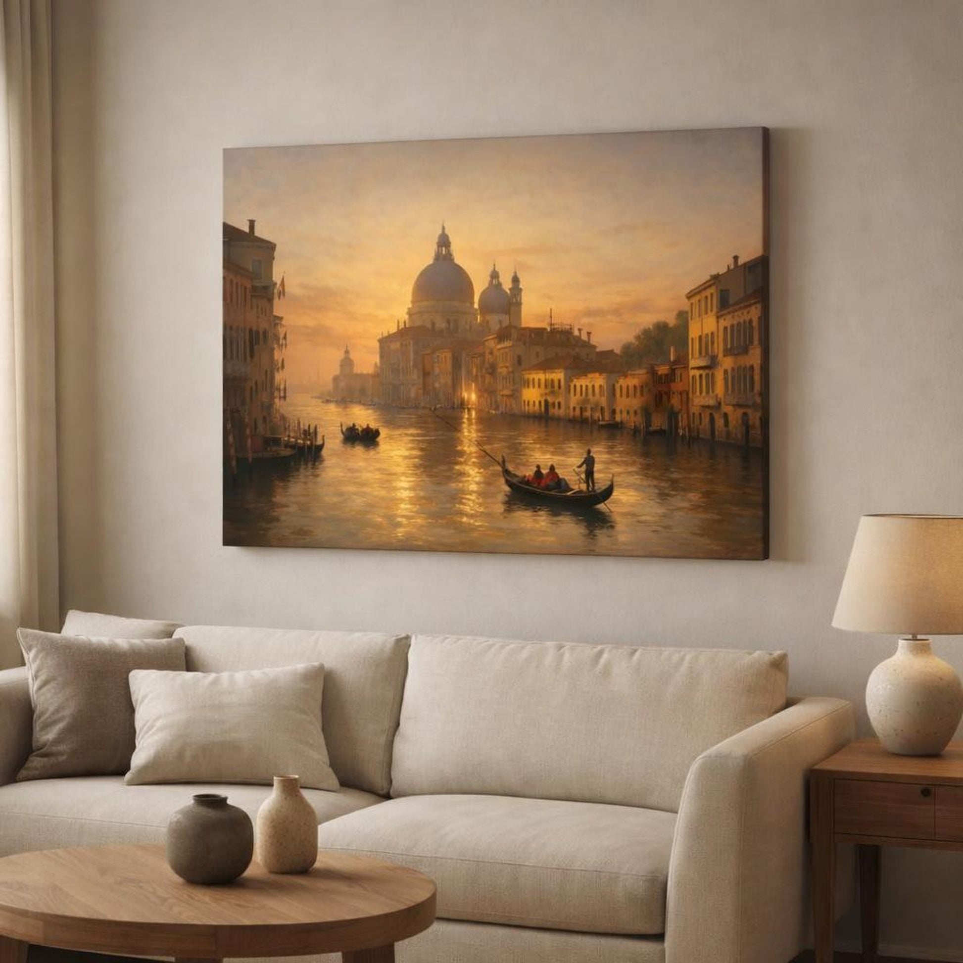 Golden Glow Venetian Canal shown as canvas wall art in a modern living room