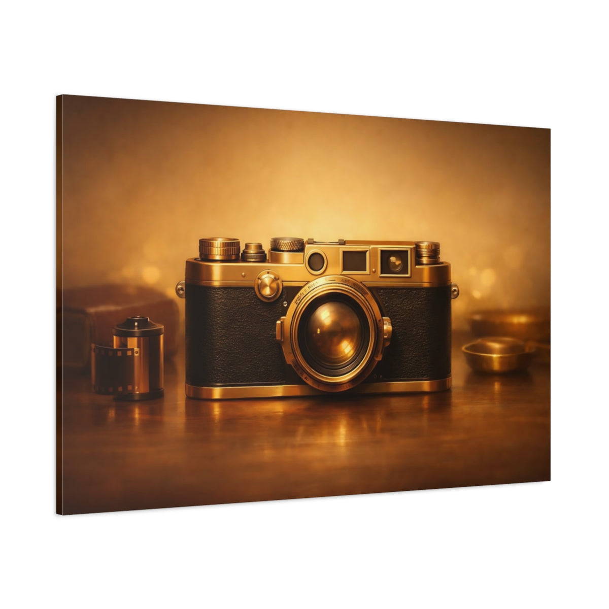 Golden Glow Vintage Camera shown as stretched canvas wall art