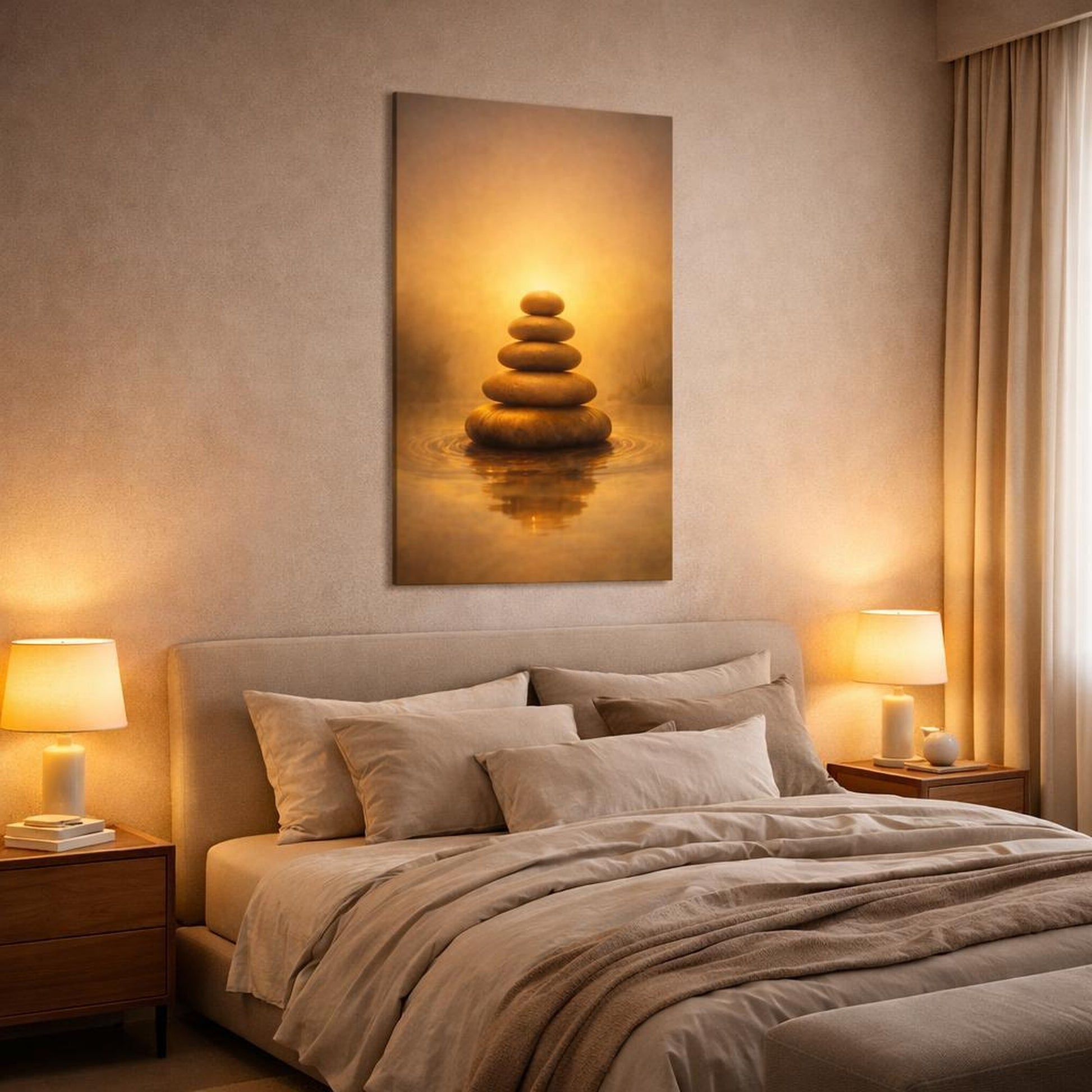 Golden Glow Zen Stones shown as canvas wall art in a luxury bedroom