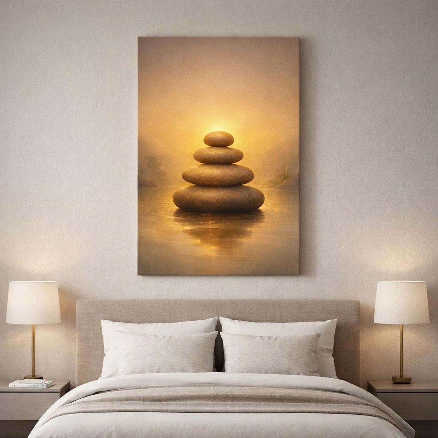 Golden Glow Zen Stones shown as canvas wall art in a refined dining room