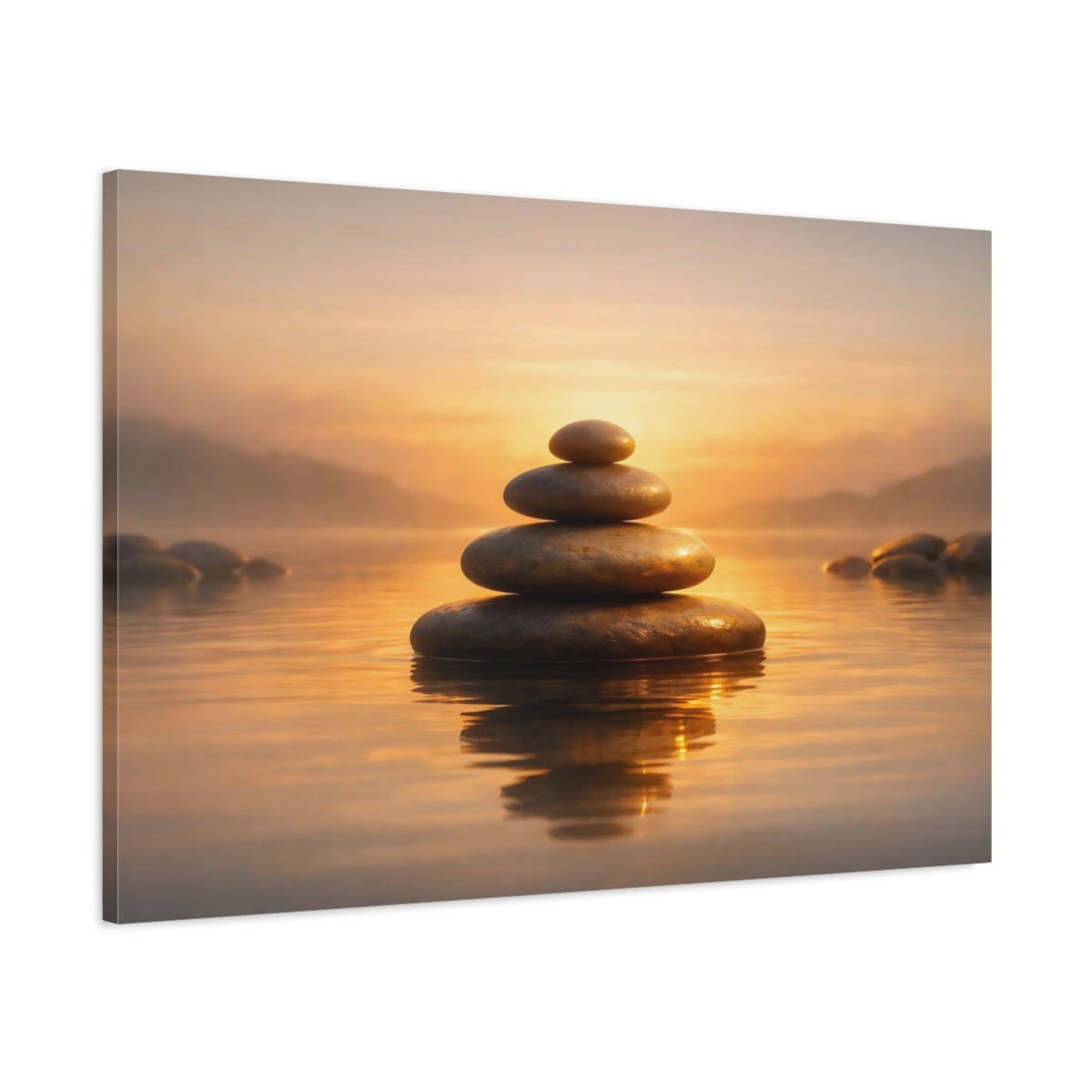 Side Mockup 1. Golden Glow Zen Stones shown as stretched canvas wall art