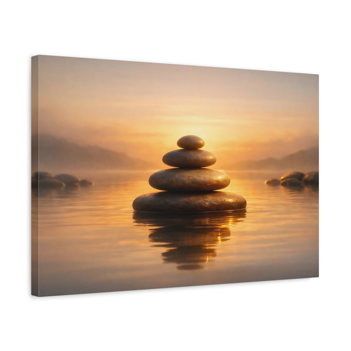 Side Mockup 3. Golden Glow Zen Stones shown as stretched canvas wall art