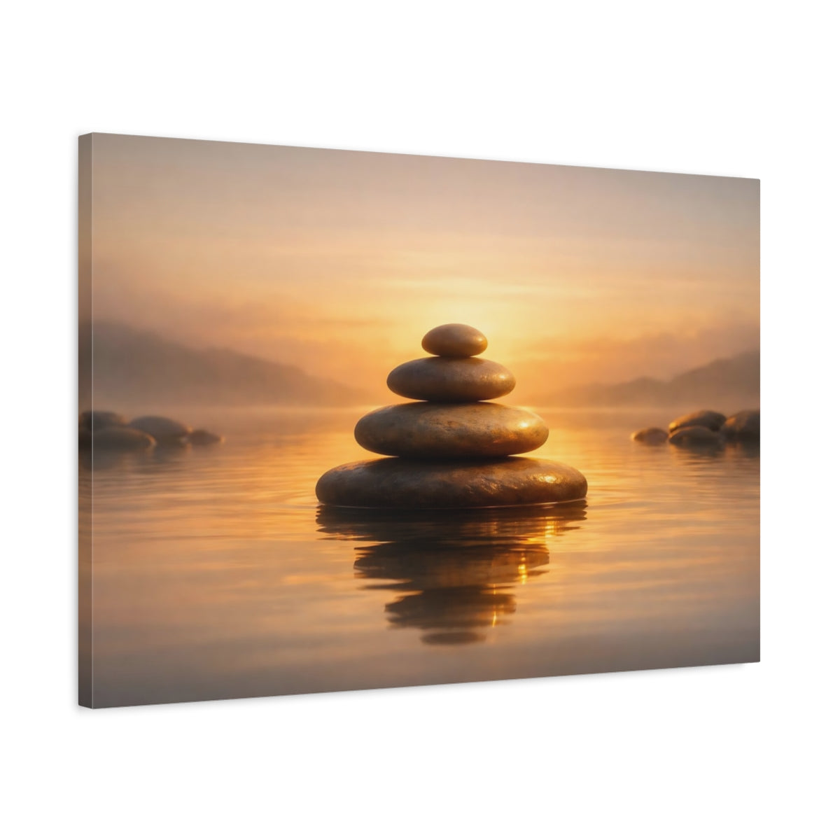 Side Mockup 2. Golden Glow Zen Stones shown as stretched canvas wall art
