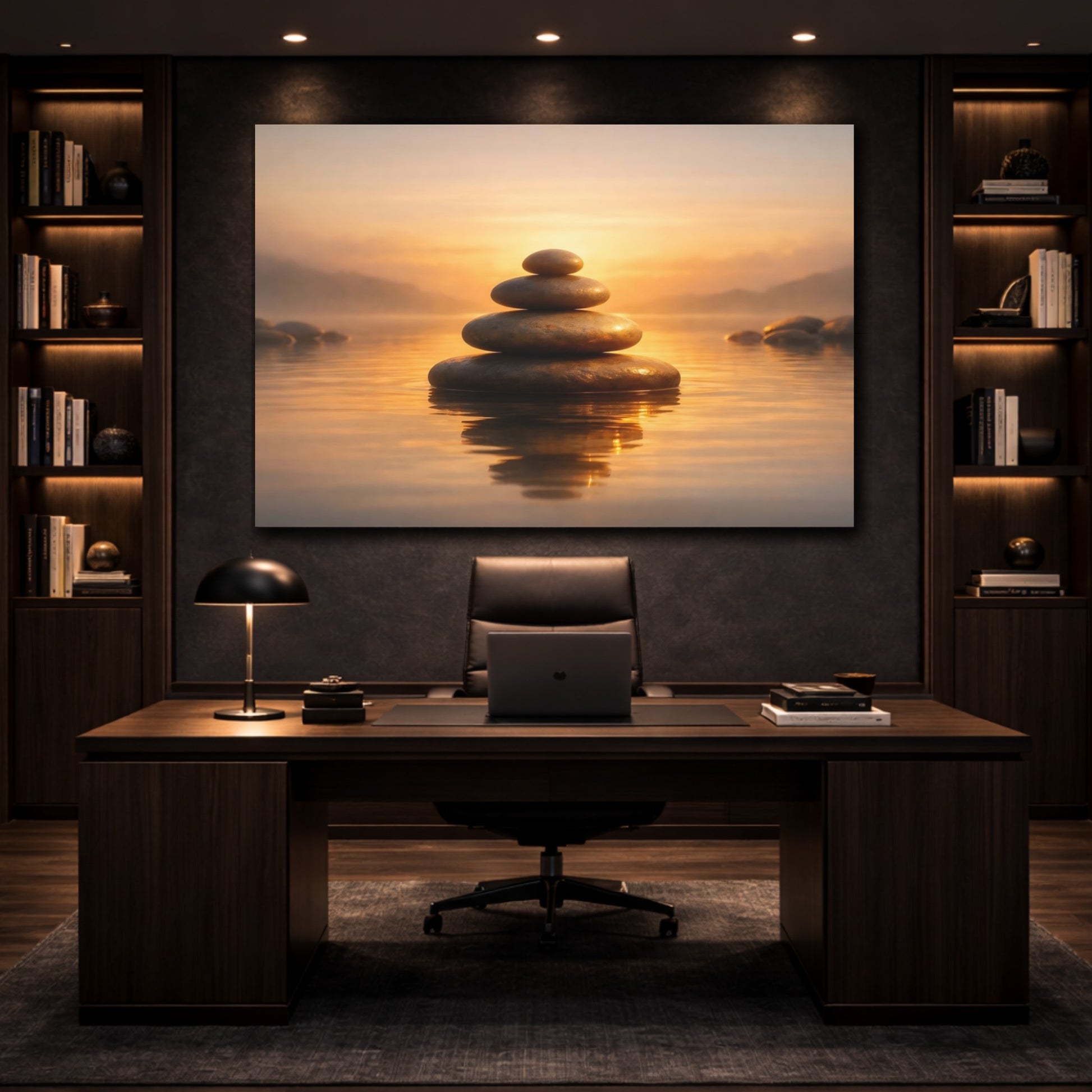 Mockup 2. Golden Glow Zen Stones shown as stretched canvas wall art