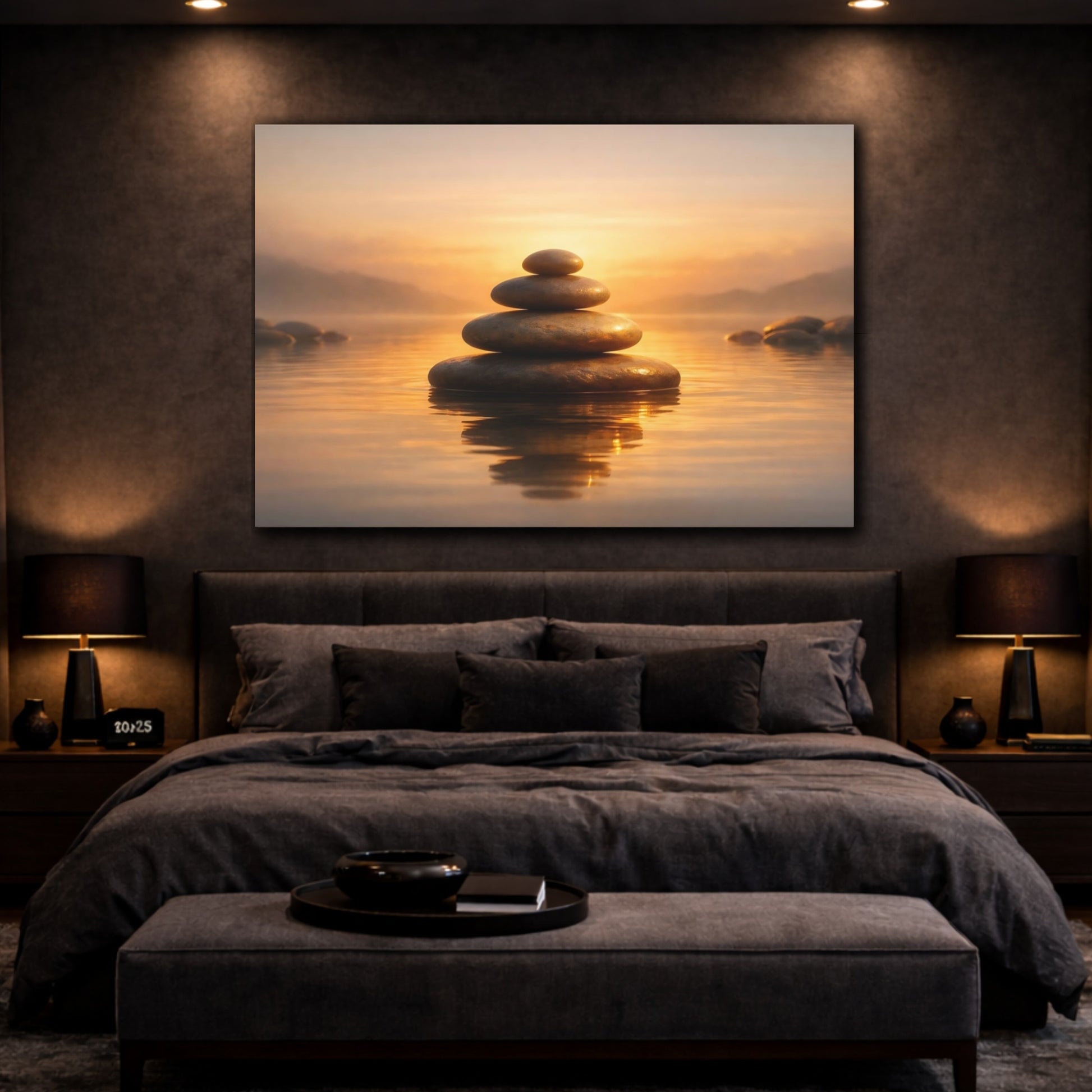 Mockup 3. Golden Glow Zen Stones shown as stretched canvas wall art