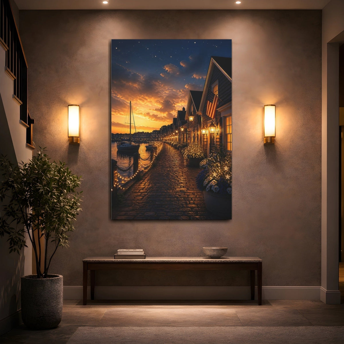 Golden Harbor Walkway Canvas Print – Living Room, Above Console Table, Blue - YesArtYes