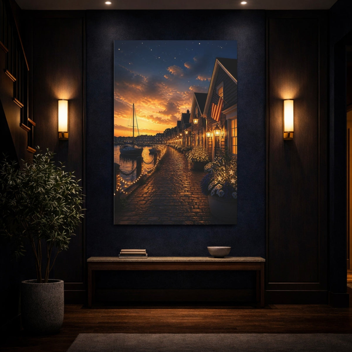 Golden Harbor Walkway Canvas Print – Living Room, Above Console Table, Blue - YesArtYes
