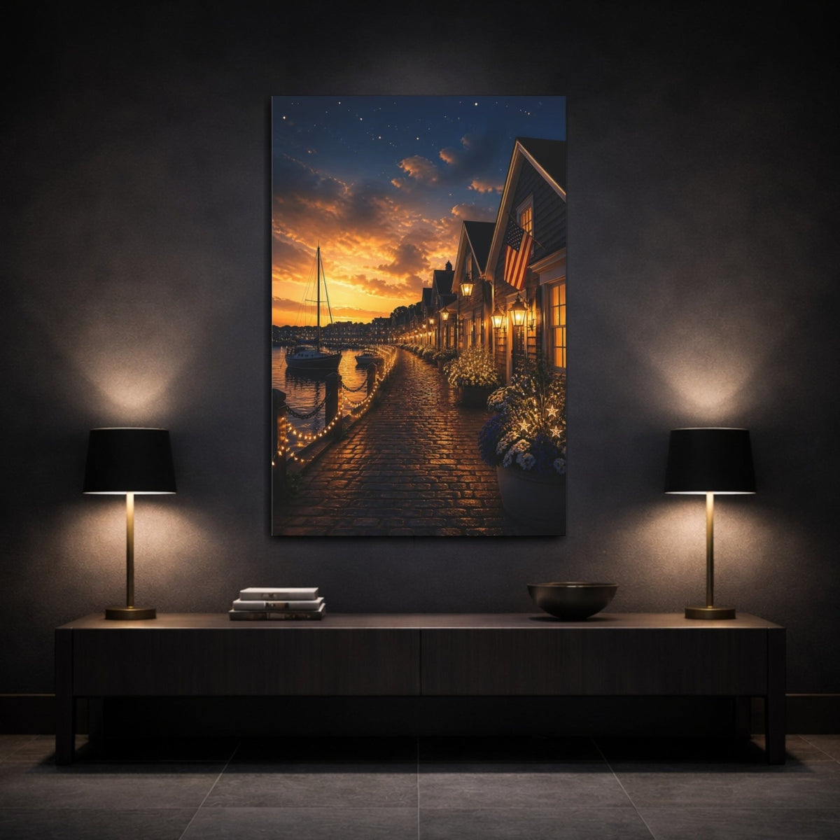 Golden Harbor Walkway Canvas Print – Living Room, Above Console Table, Blue - YesArtYes