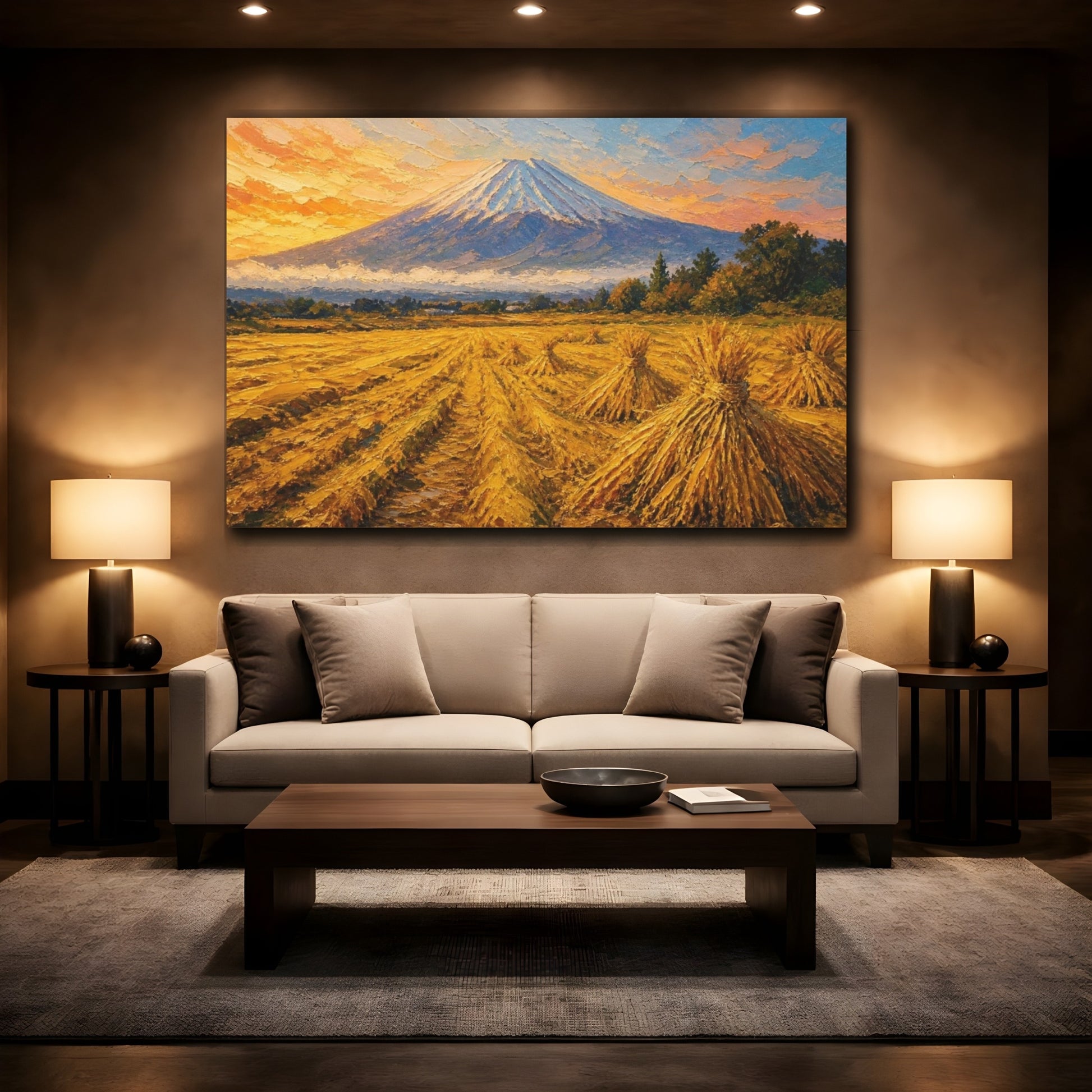 Mockup 2. Golden Harvest At Distant Peak shown as canvas print