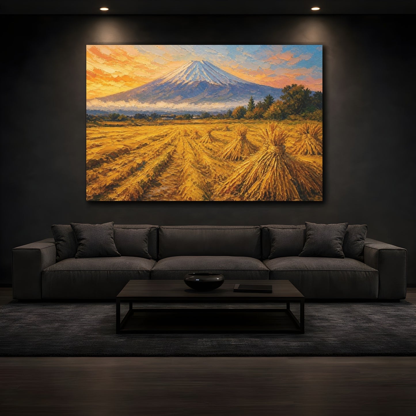 Mockup 3. Golden Harvest At Distant Peak shown as canvas print