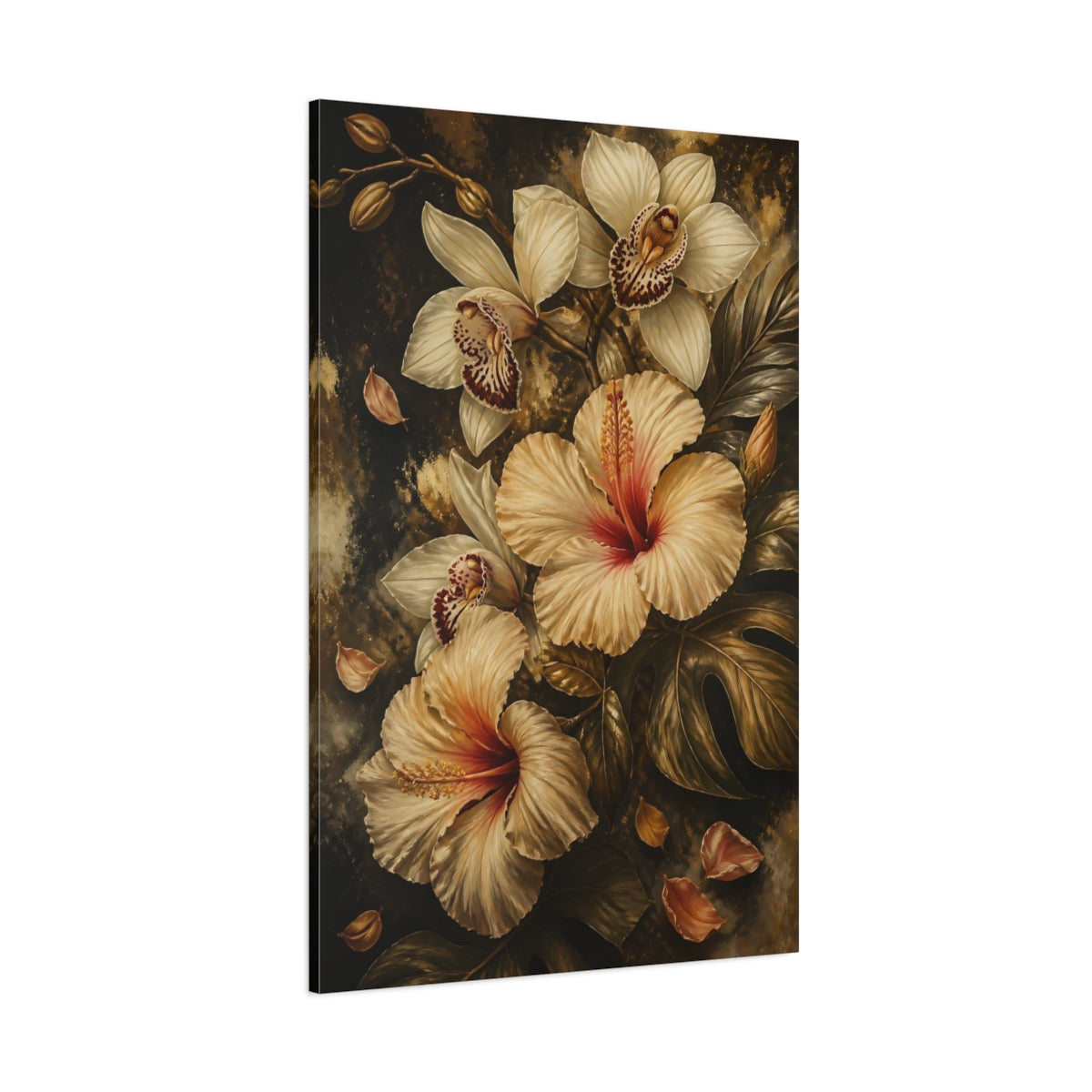 Side Mockup 1. Golden Hibiscus Bouquet shown as canvas print
