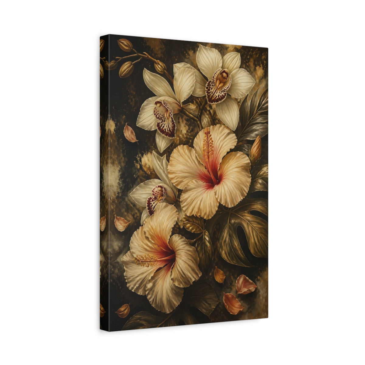 Side Mockup 4. Golden Hibiscus Bouquet shown as canvas print