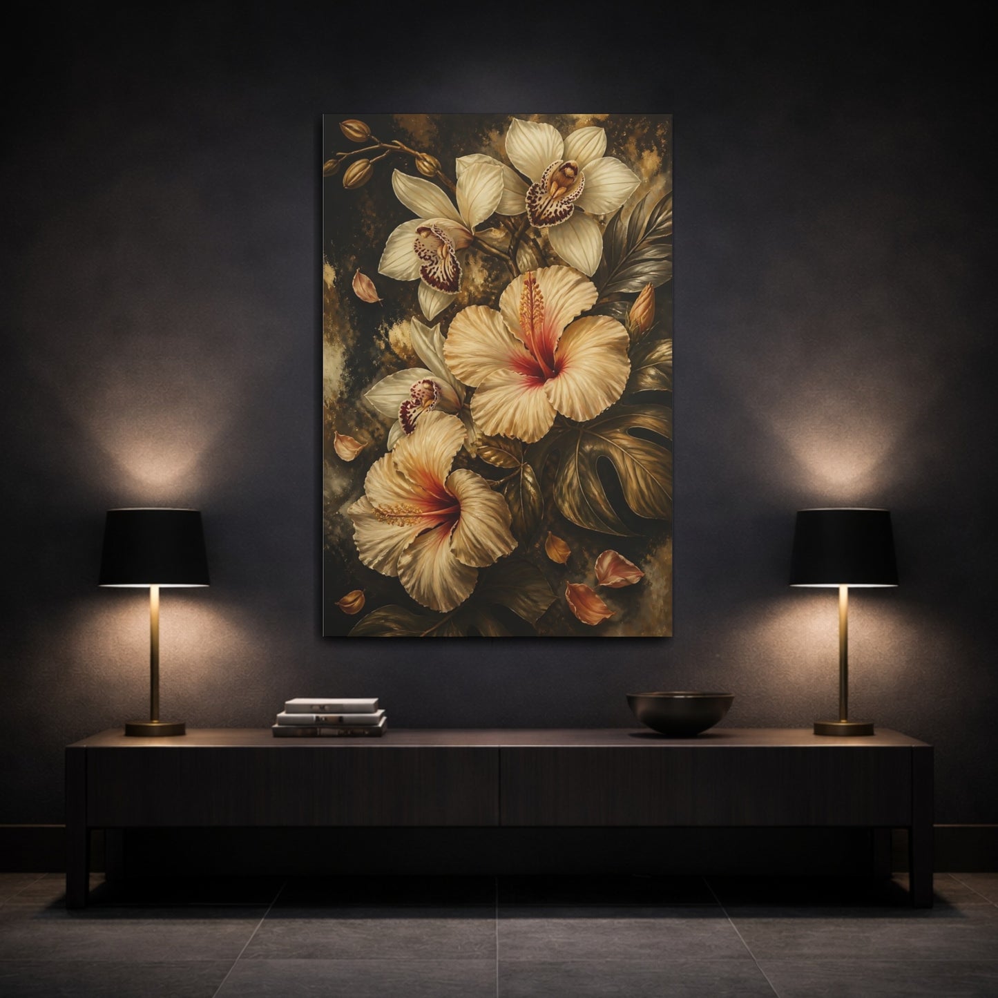 Mockup 3. Golden Hibiscus Bouquet shown as canvas print