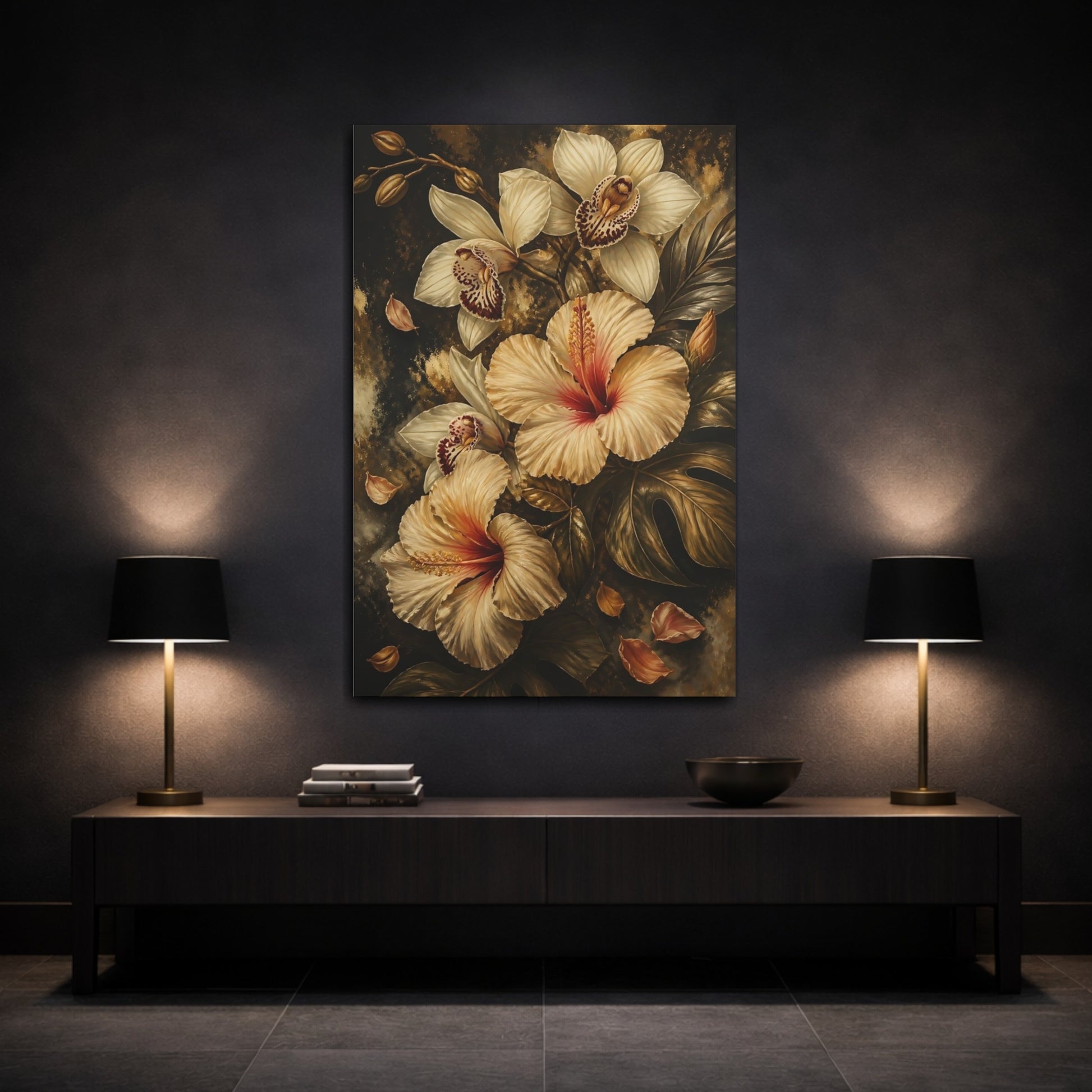 Mockup 3. Golden Hibiscus Bouquet shown as canvas print