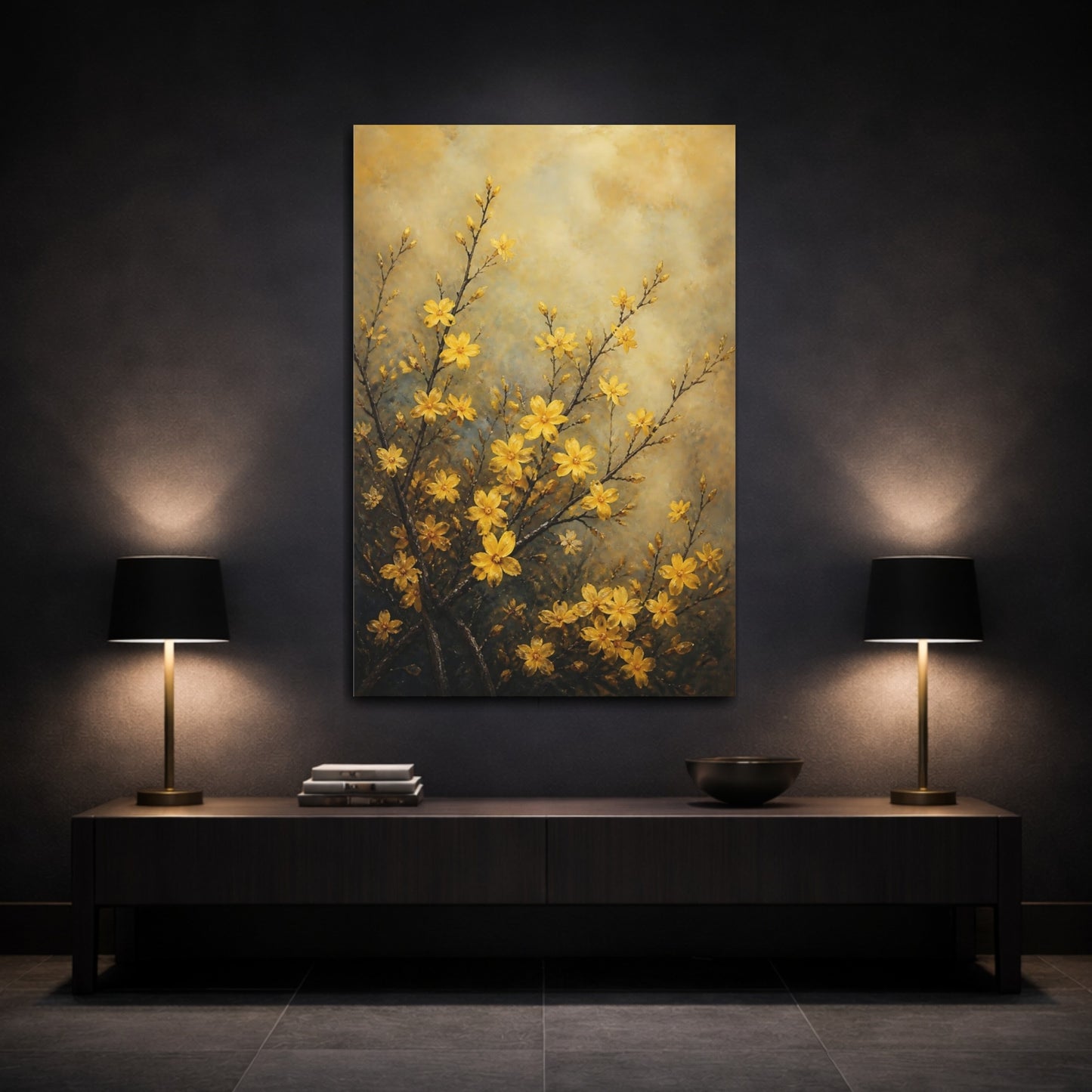 Mockup 3. Golden Jasmine Flowers shown as canvas print
