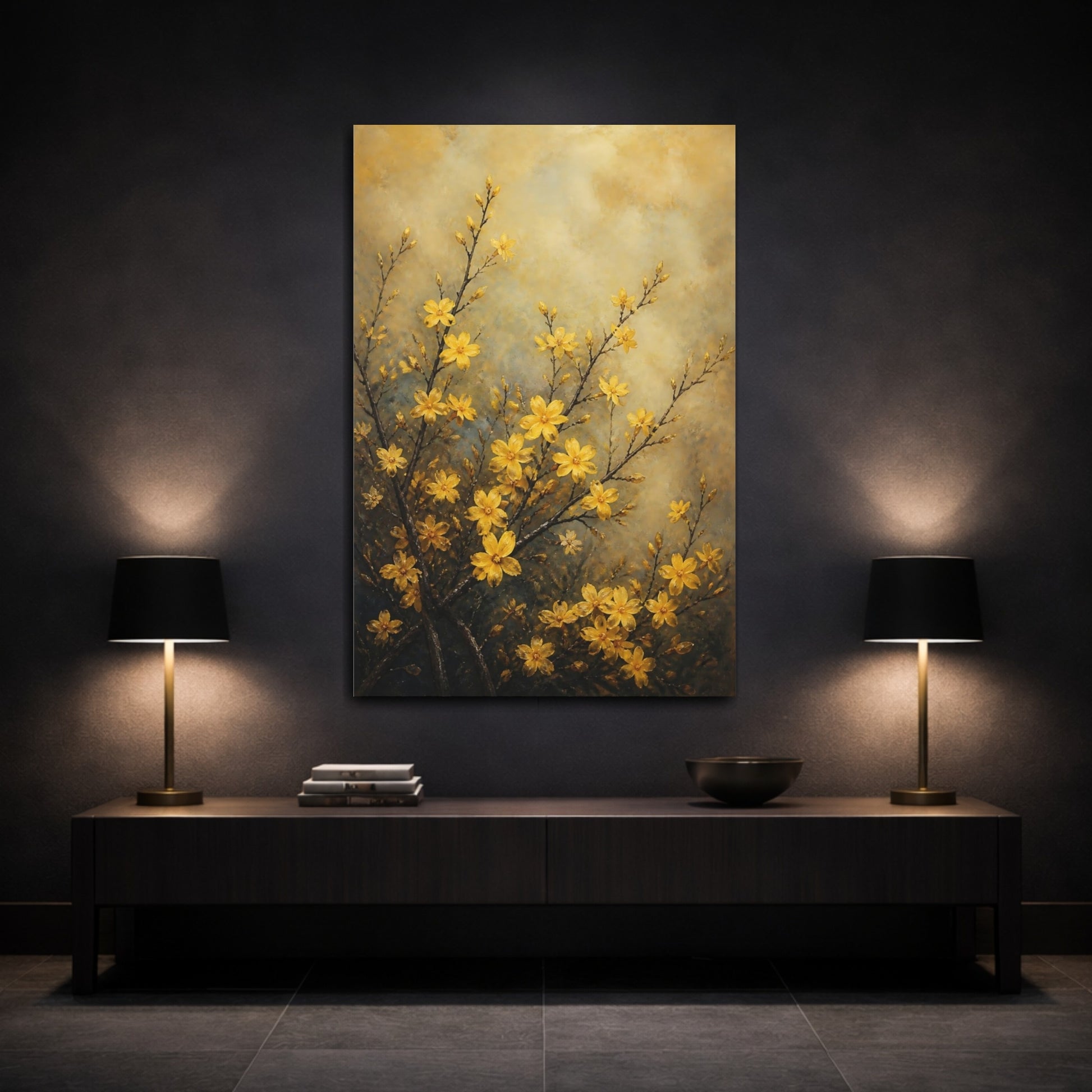 Mockup 3. Golden Jasmine Flowers shown as canvas print