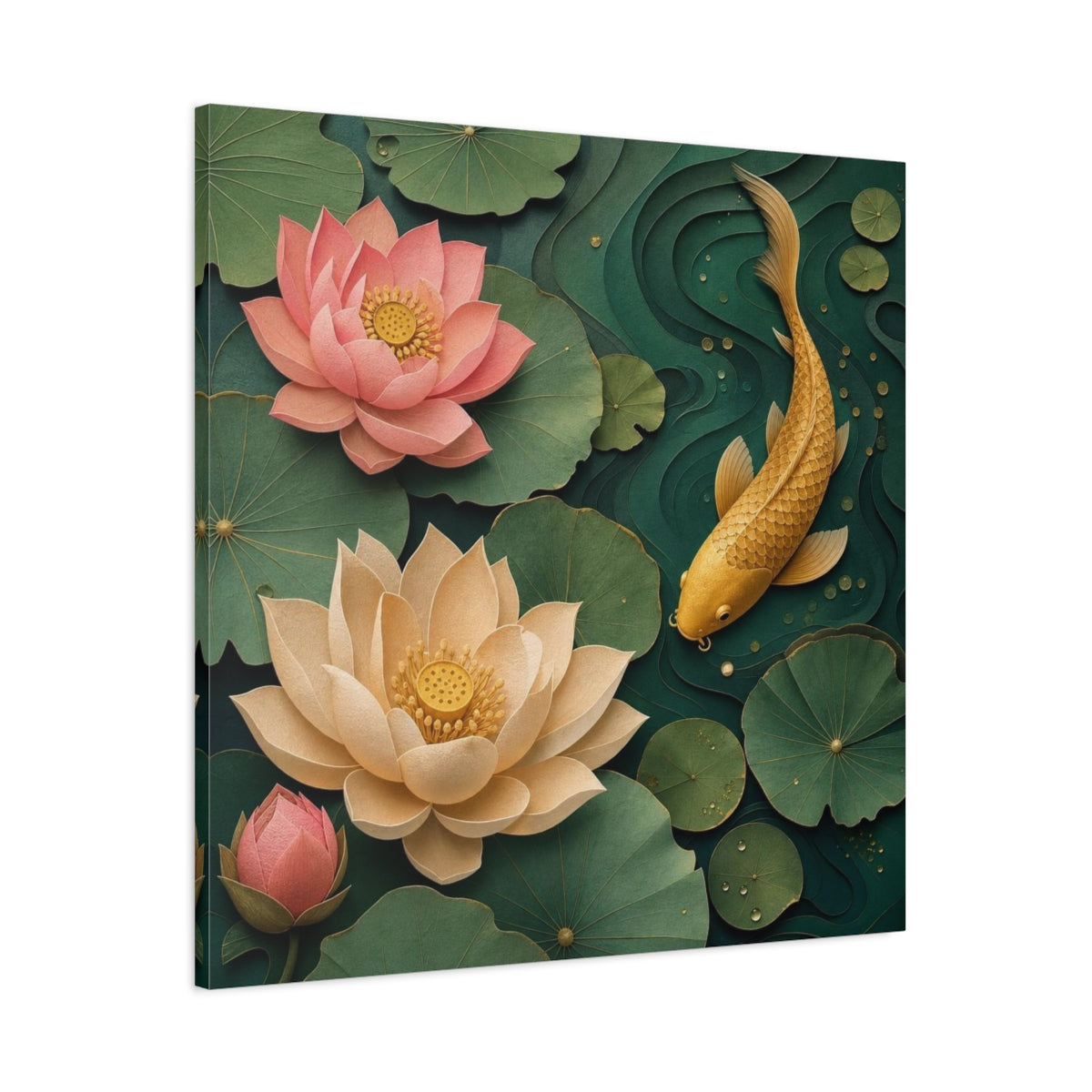 Main Mockup. Golden Koi And Lotus shown as canvas print