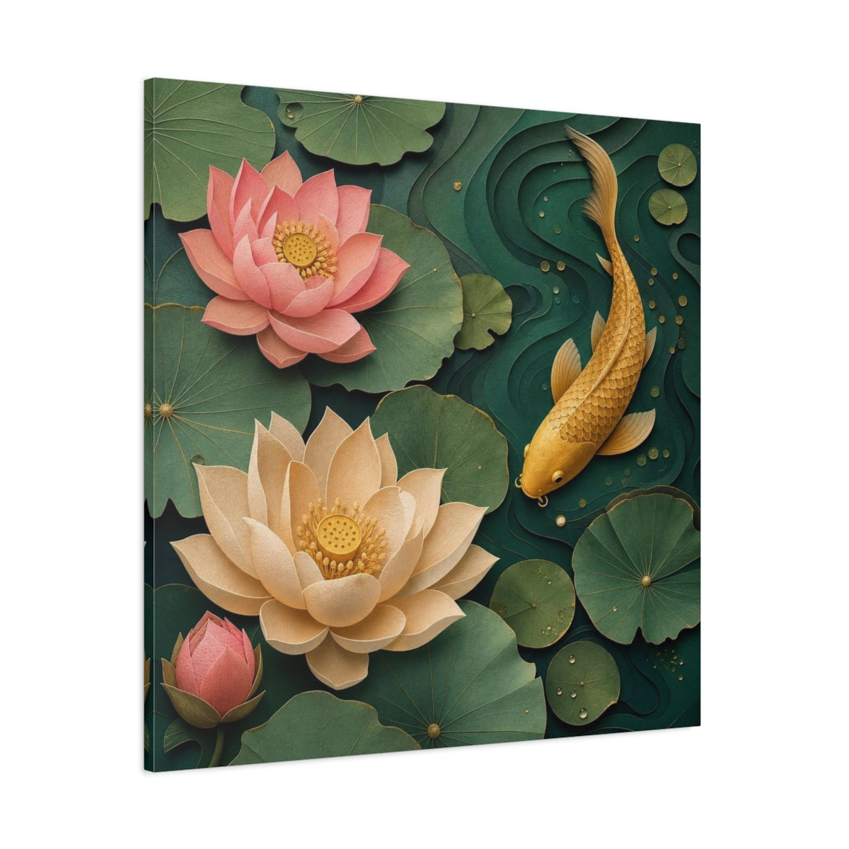 Side Mockup 1. Golden Koi And Lotus shown as canvas print