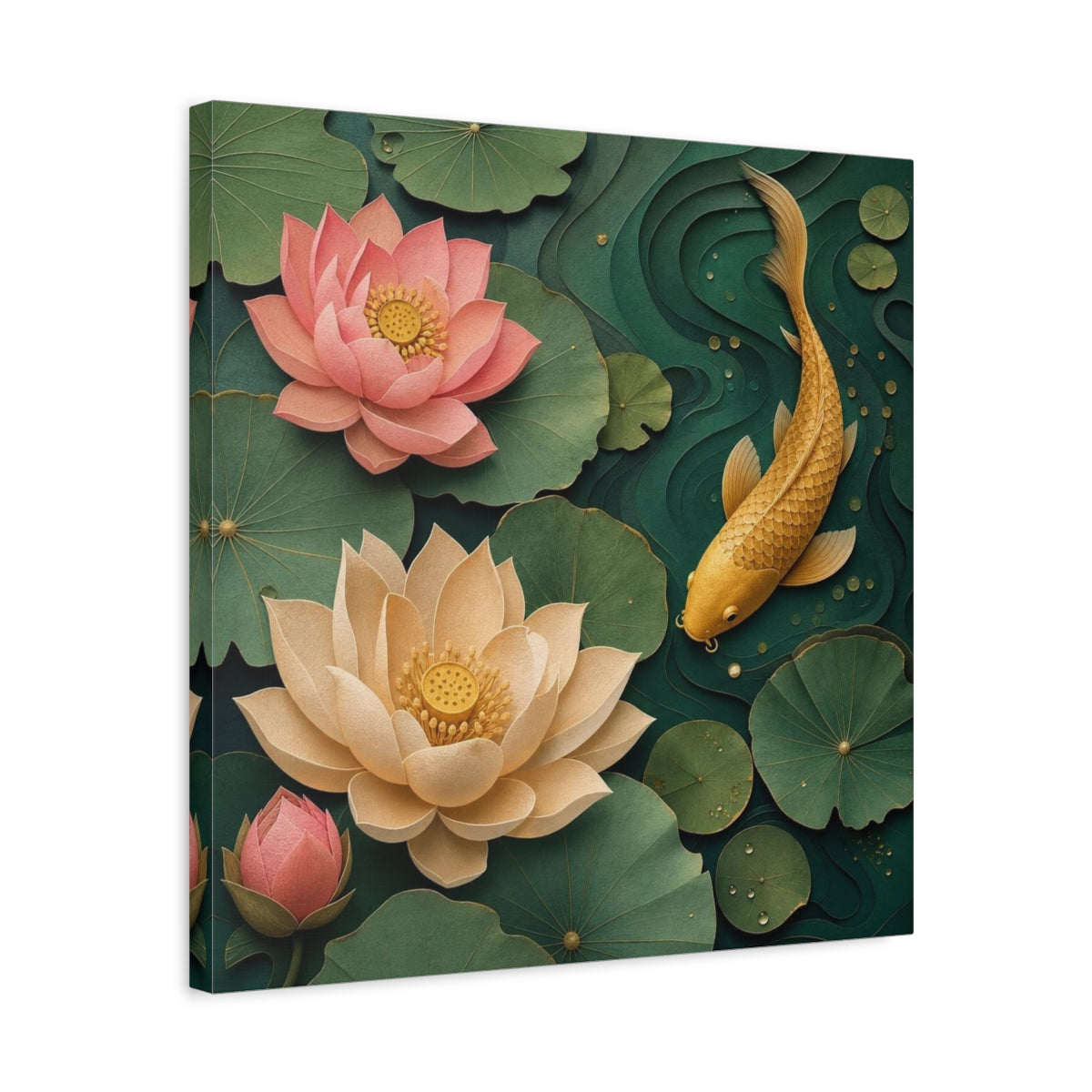 Side Mockup 5. Golden Koi And Lotus shown as canvas print