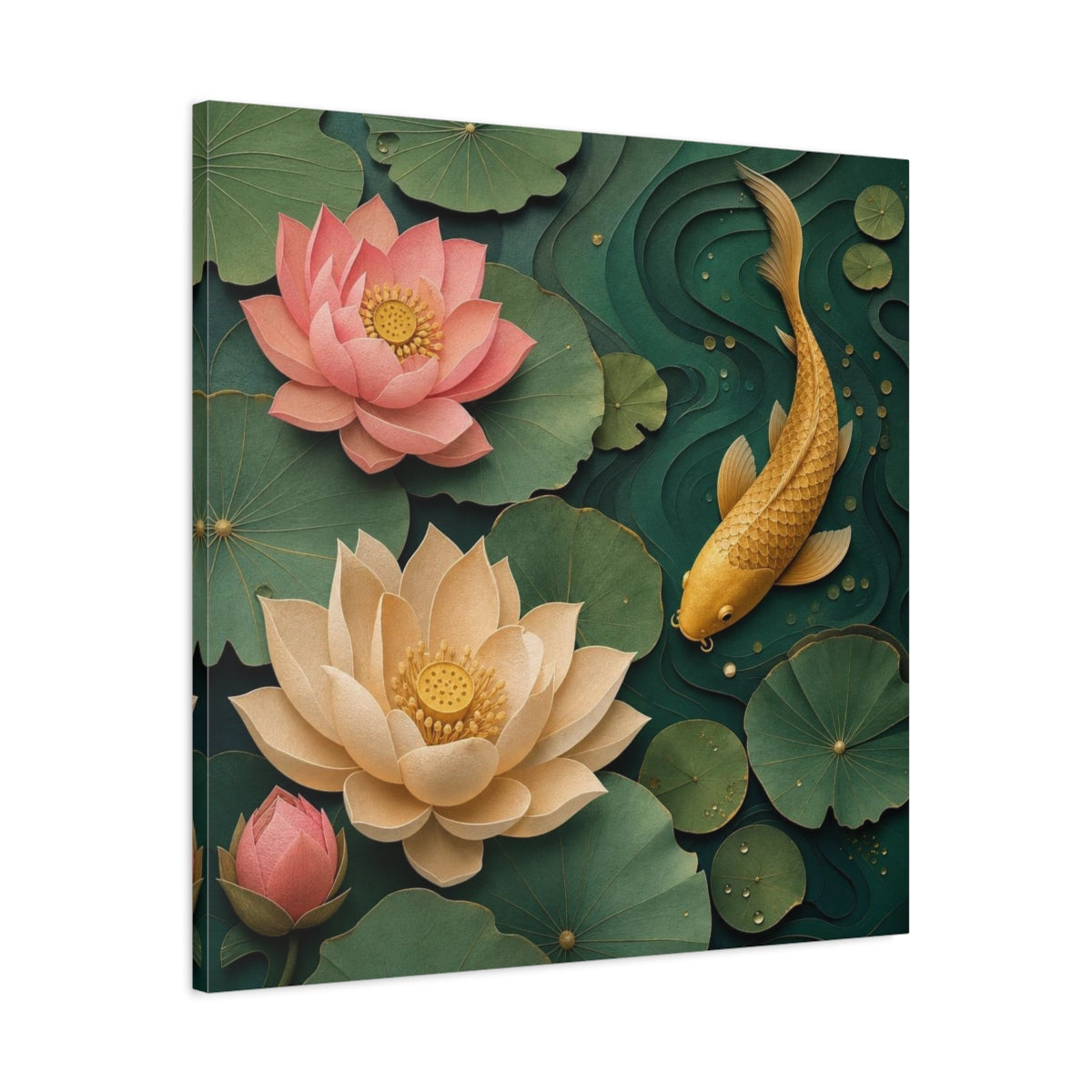Side Mockup 3. Golden Koi And Lotus shown as canvas print