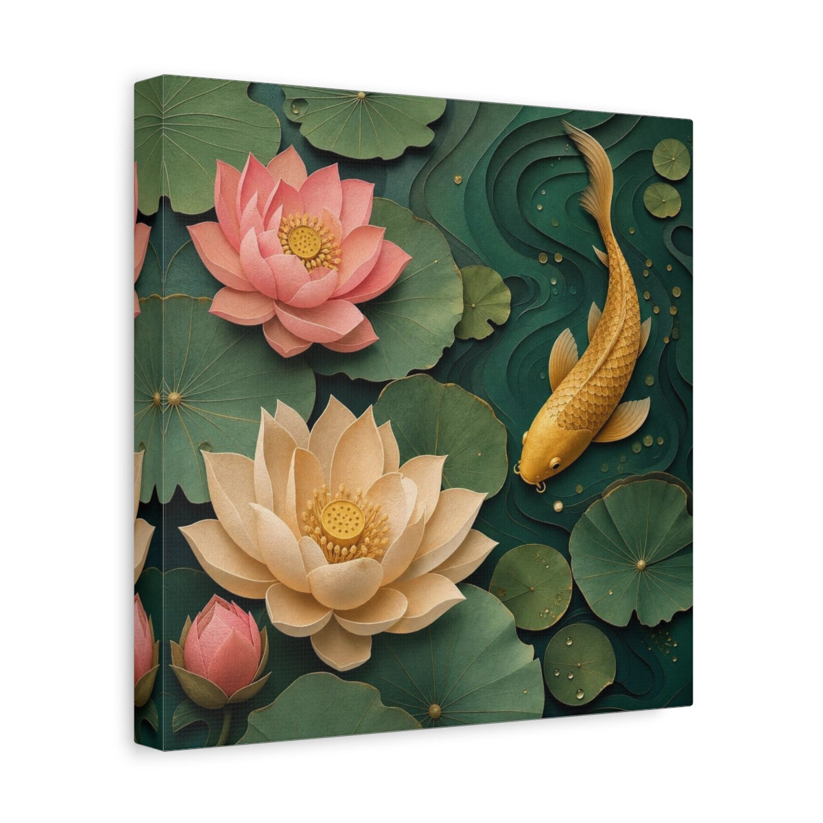 Side Mockup 8. Golden Koi And Lotus shown as canvas print