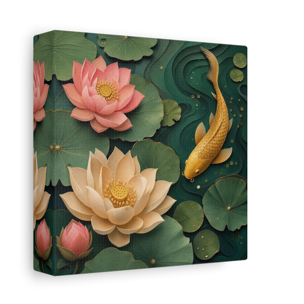 Side Mockup 2. Golden Koi And Lotus shown as canvas print