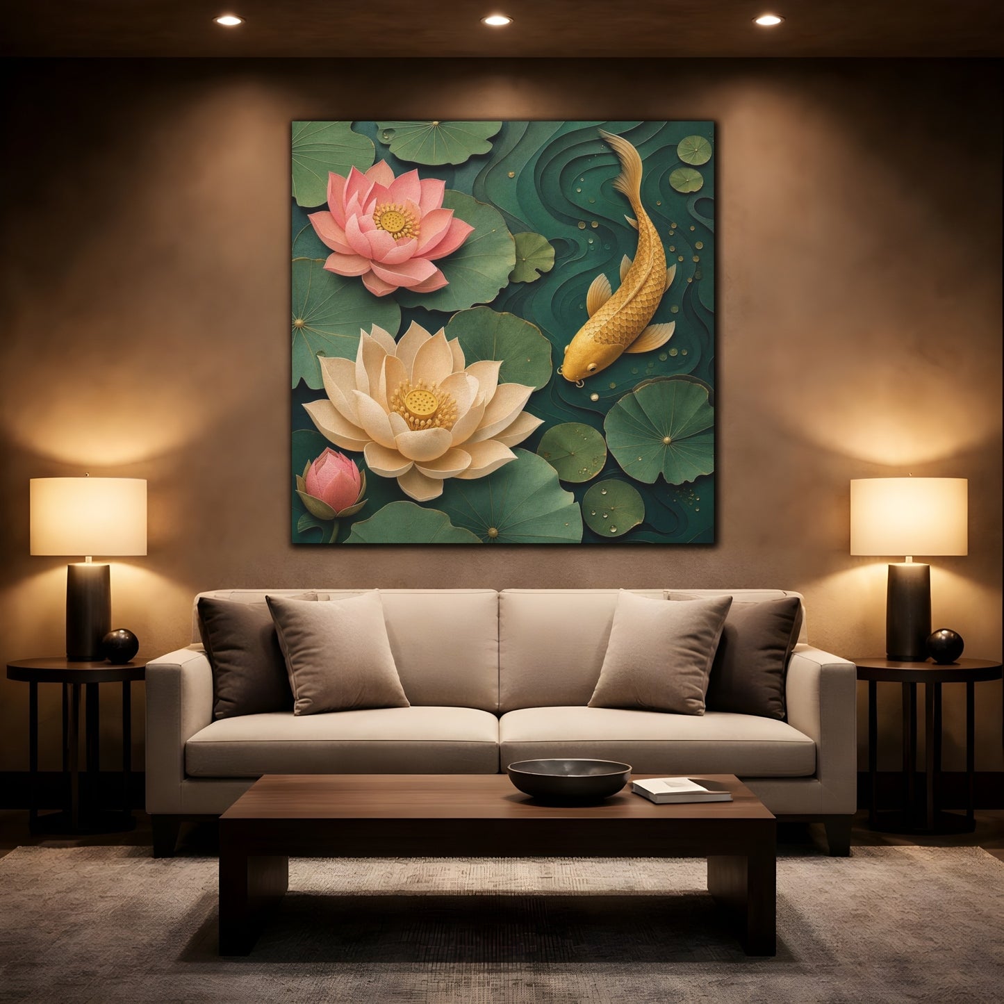 Mockup 2. Golden Koi And Lotus shown as canvas print