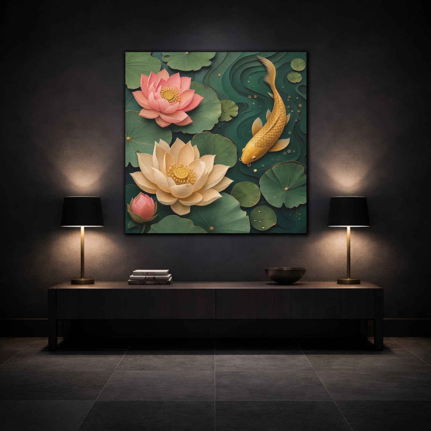 Mockup 3. Golden Koi And Lotus shown as canvas print