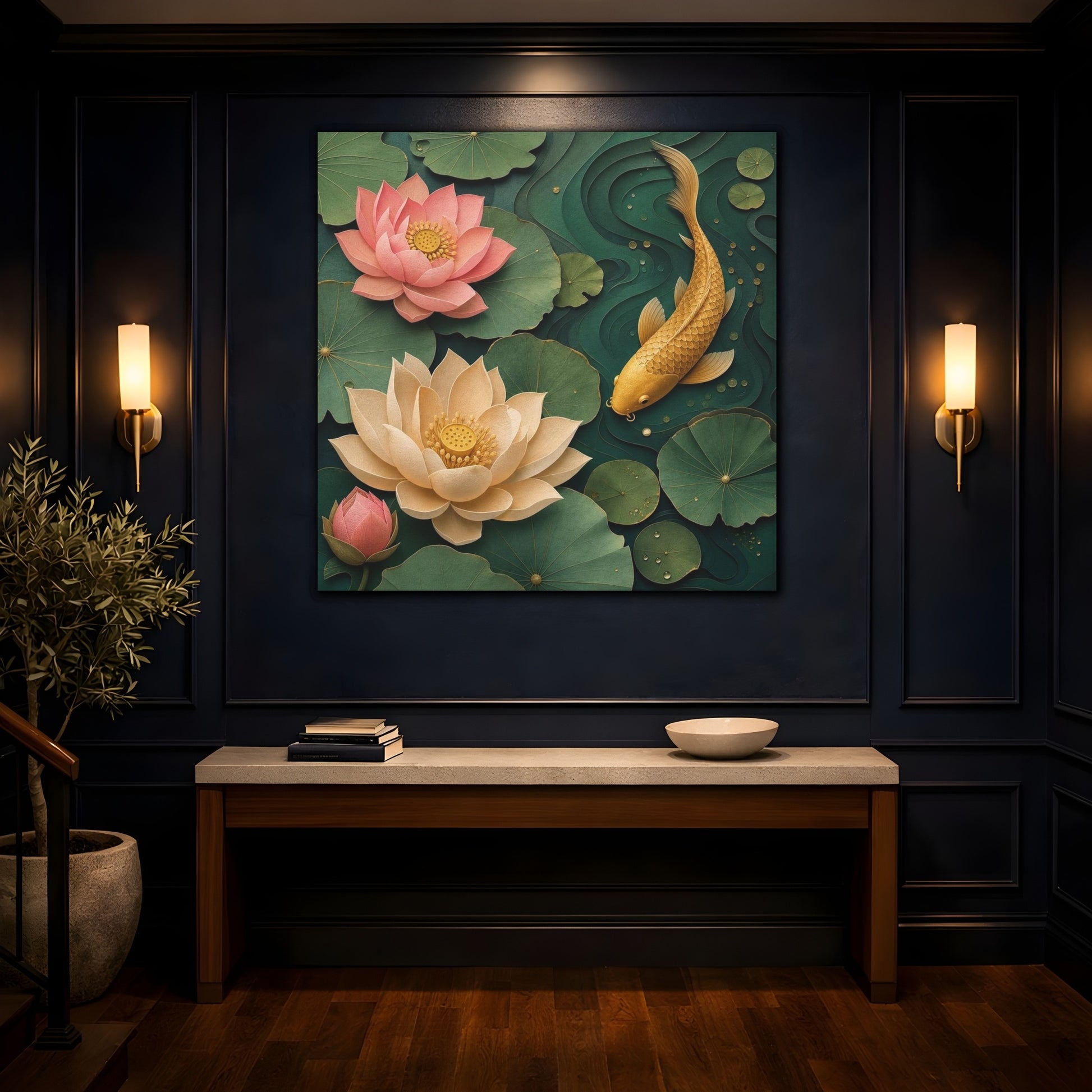 Mockup 4. Golden Koi And Lotus shown as canvas print