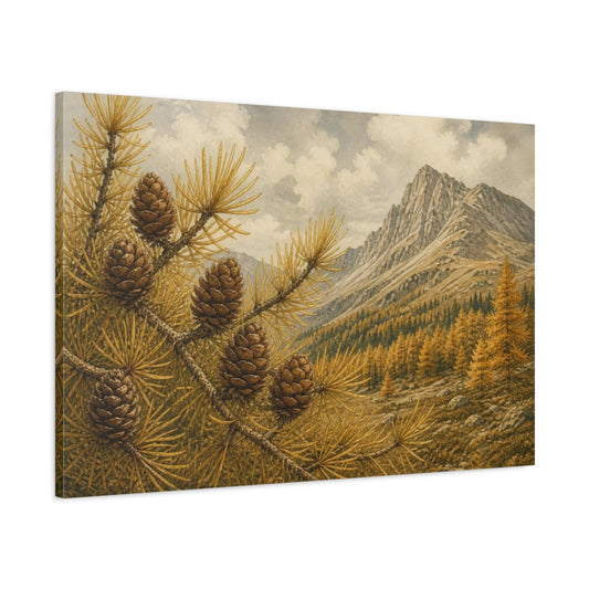 Main Mockup. Golden Larch Cones Landscape shown as canvas print