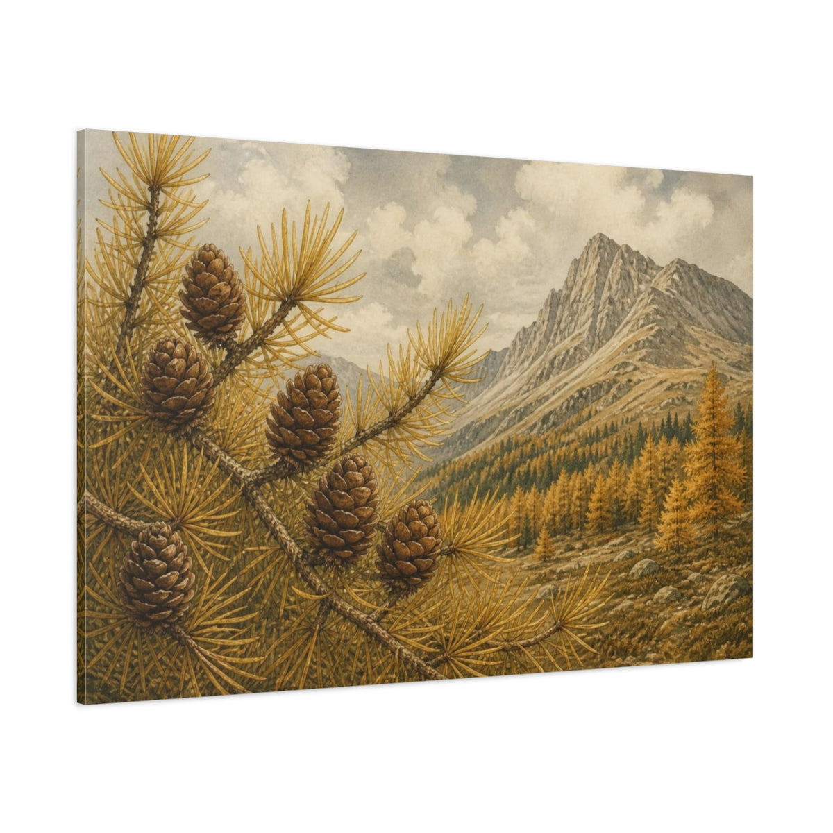 Side Mockup 1. Golden Larch Cones Landscape shown as canvas print