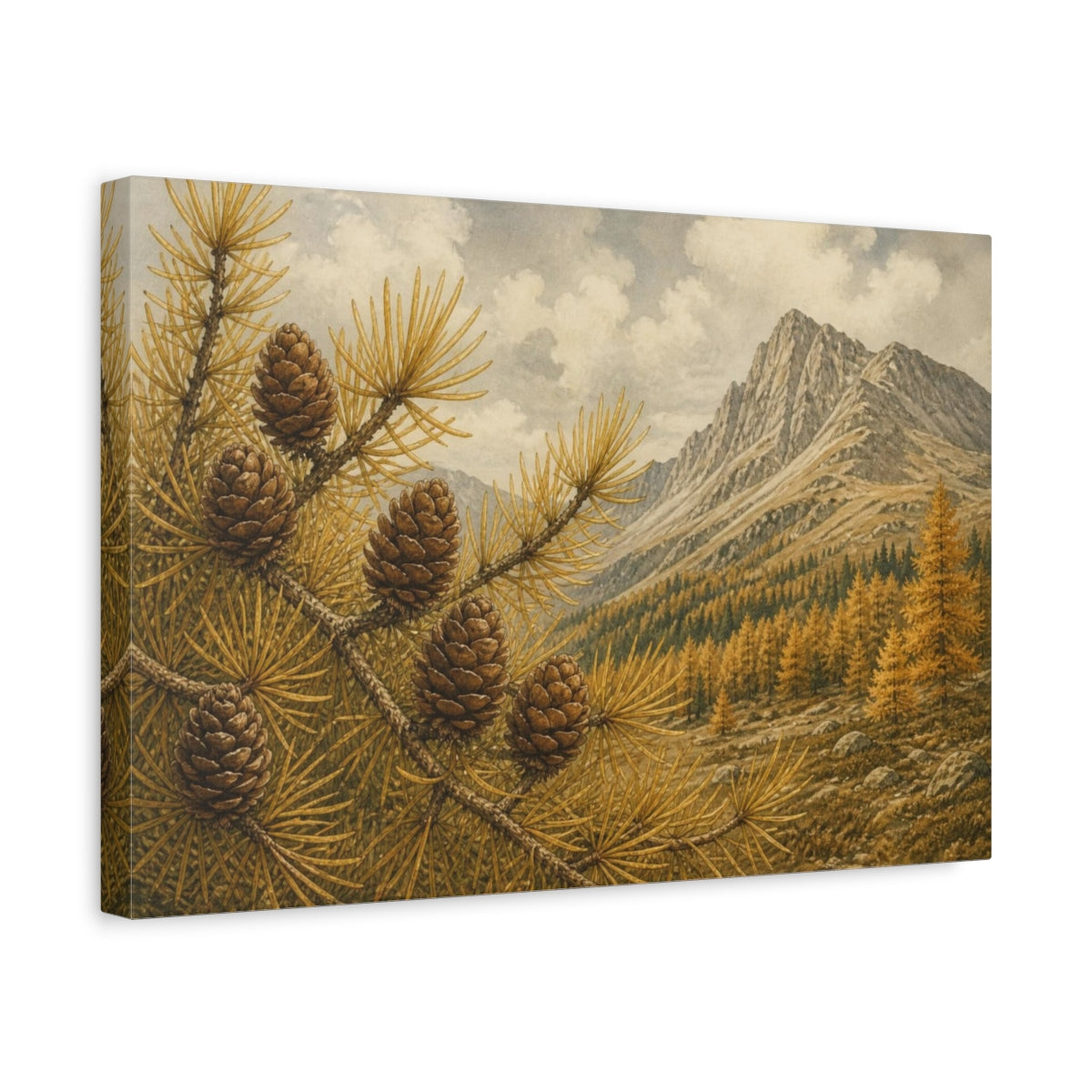 Side Mockup 4. Golden Larch Cones Landscape shown as canvas print