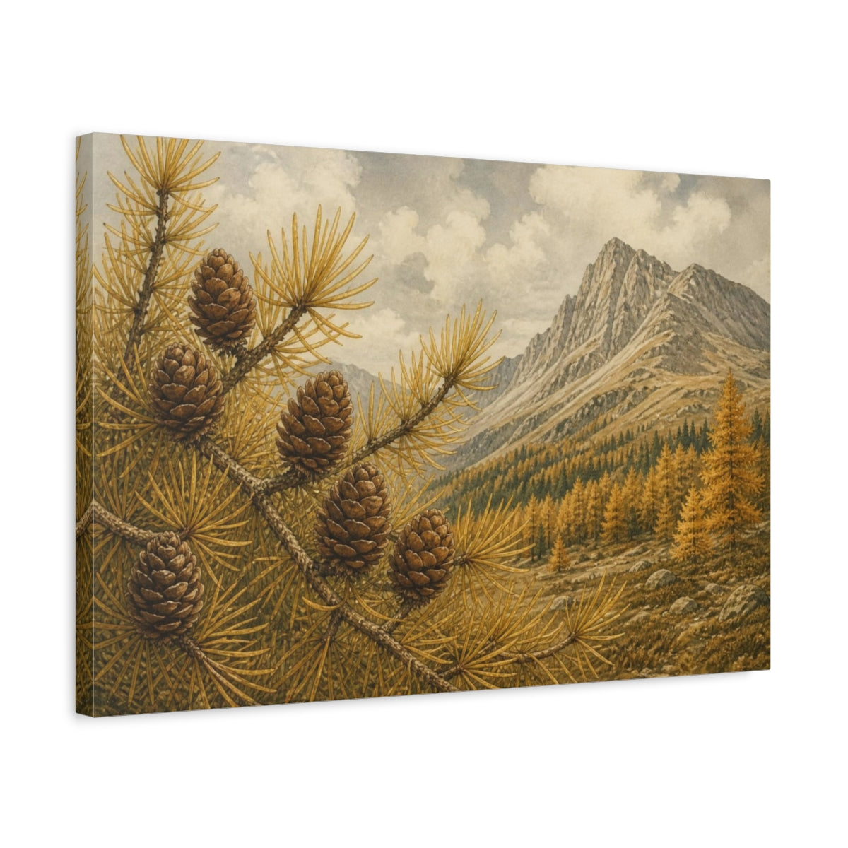 Side Mockup 3. Golden Larch Cones Landscape shown as canvas print