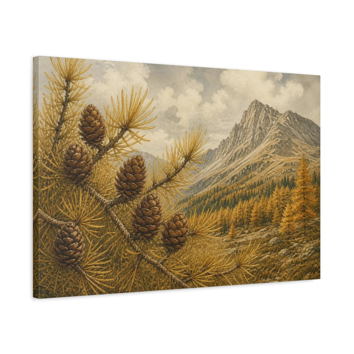 Side Mockup 2. Golden Larch Cones Landscape shown as canvas print