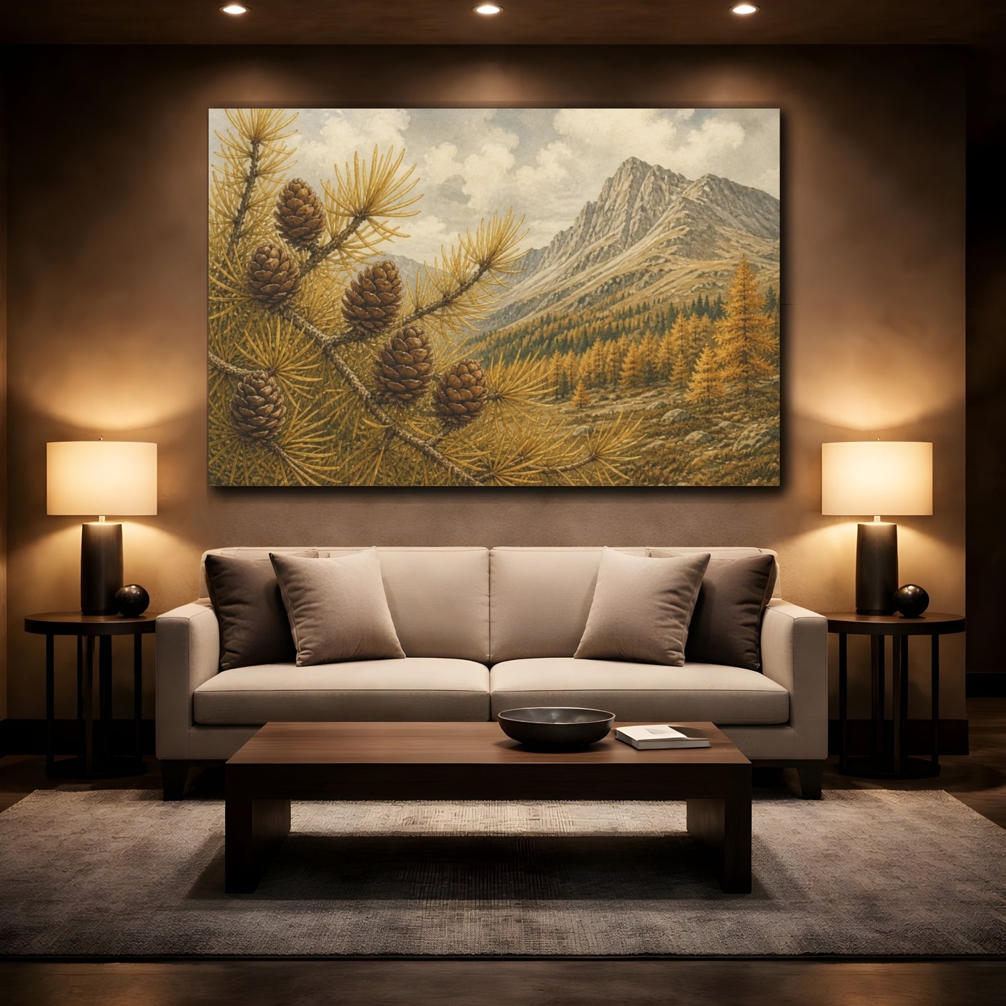 Mockup 2. Golden Larch Cones Landscape shown as canvas print